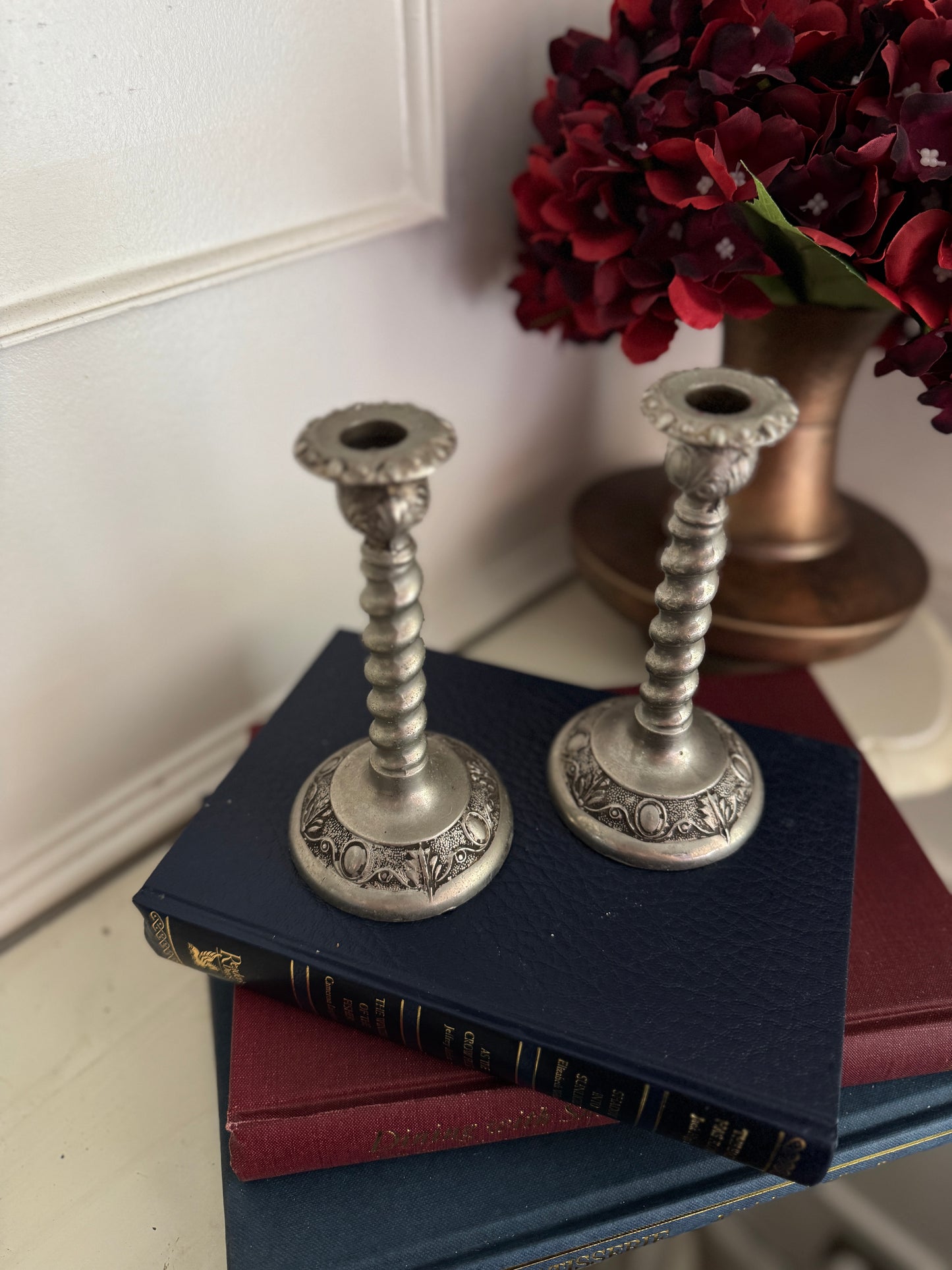 Vintage Pair Of White Metal Candlestick Holders Made in England