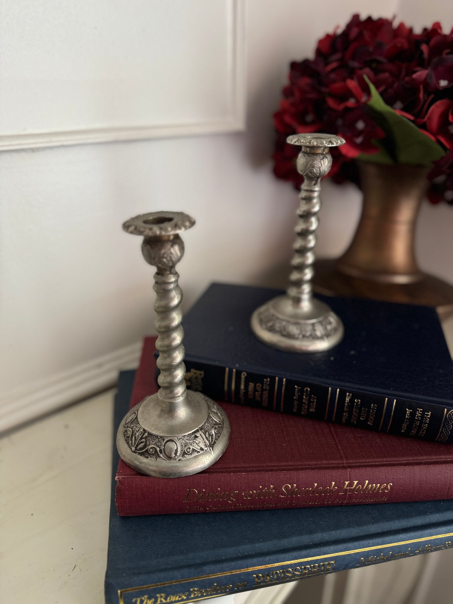 Vintage Pair Of White Metal Candlestick Holders Made in England