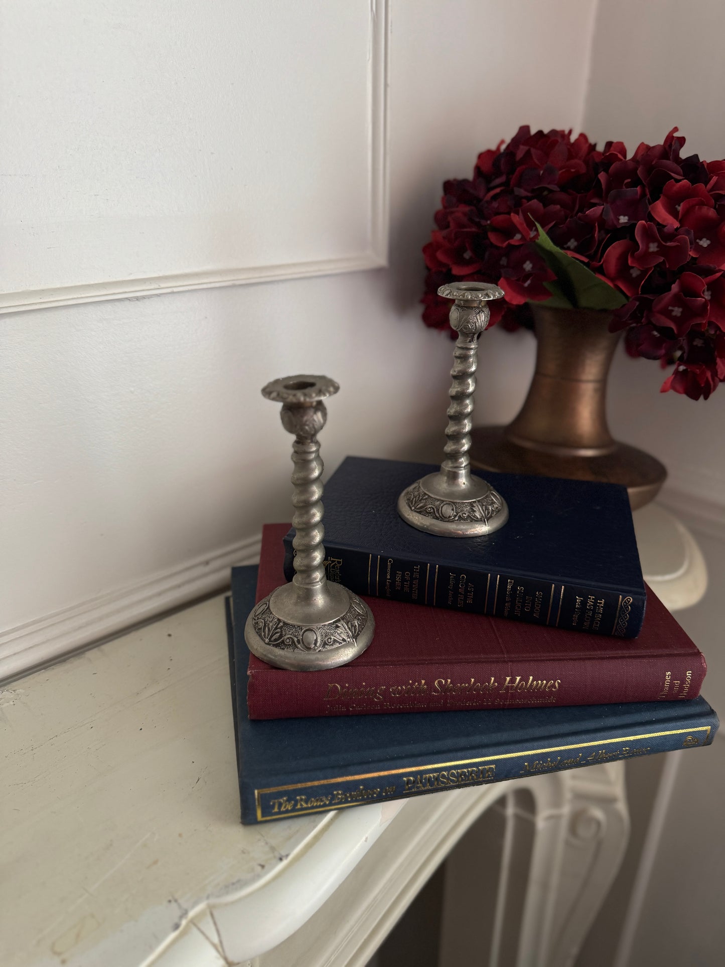 Vintage Pair Of White Metal Candlestick Holders Made in England