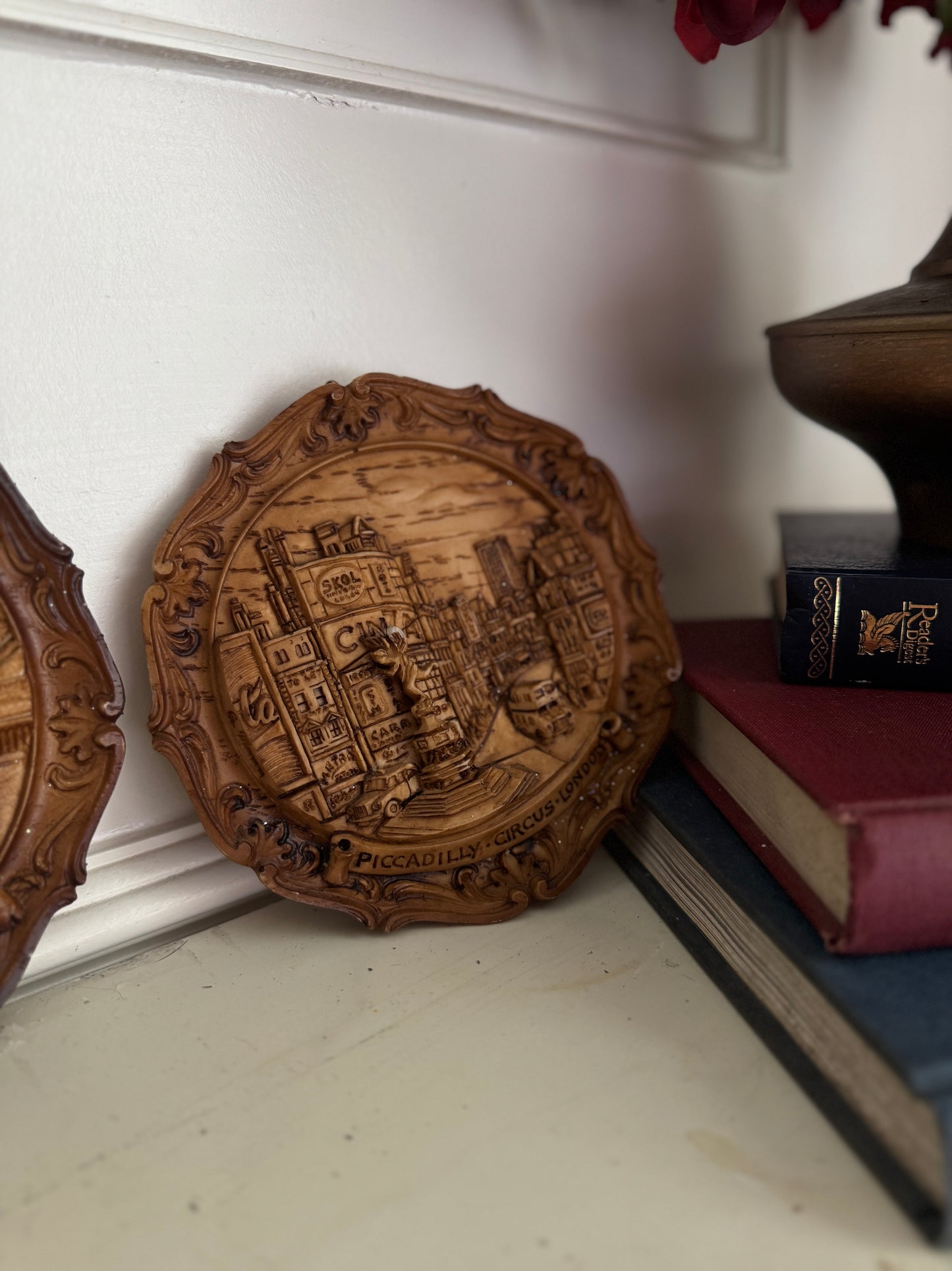 Vintage Small Round Hanging 3D Wood Carved Wall Art