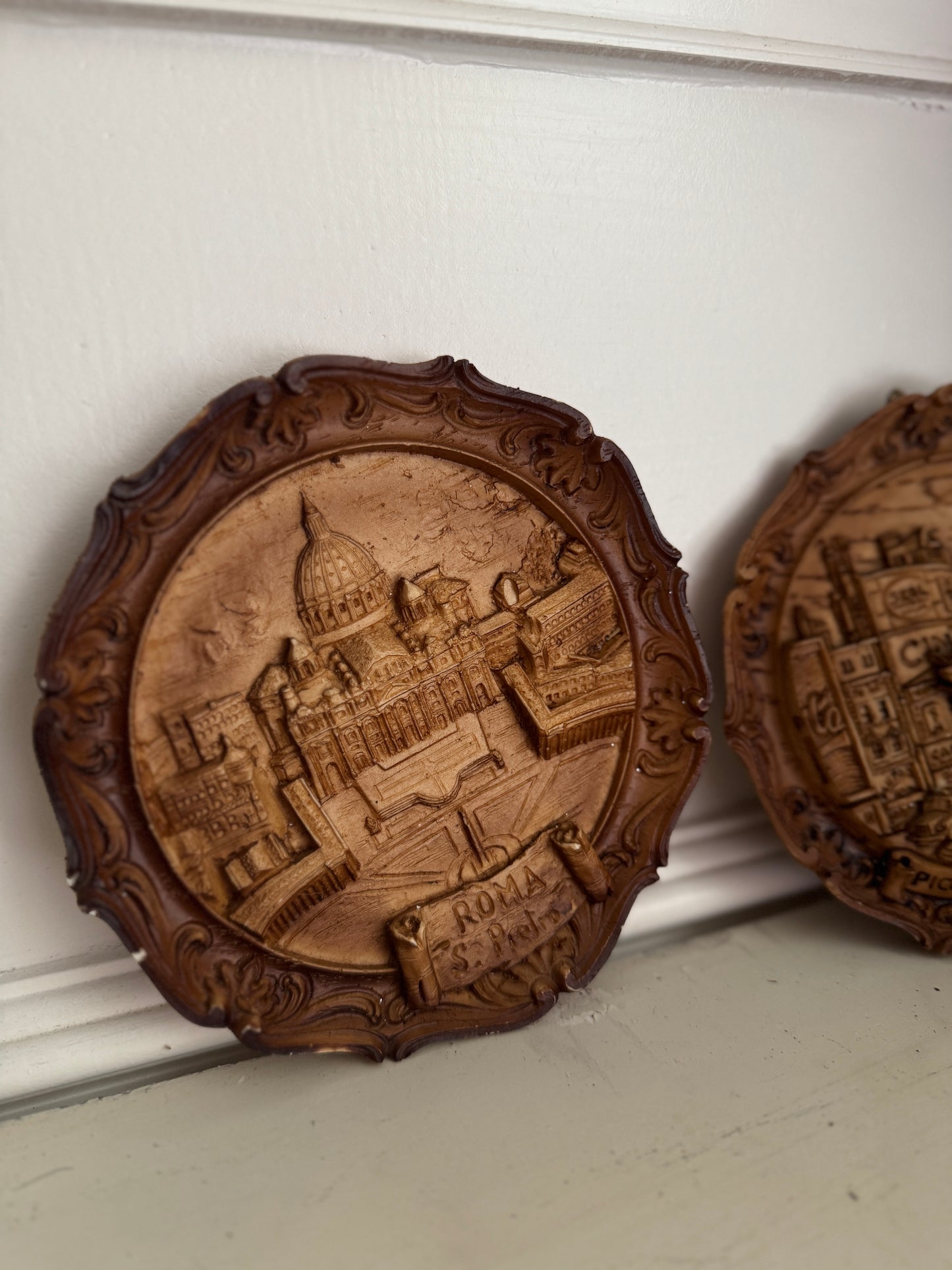 Vintage Small Round Hanging 3D Wood Carved Wall Art