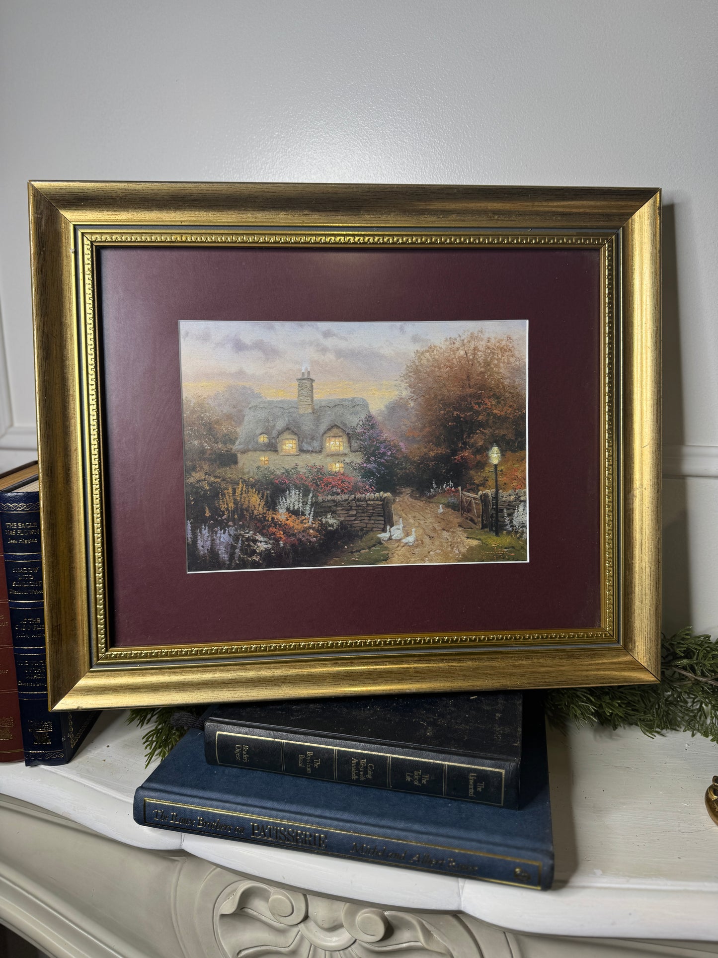 Thomas Kinkade – Framed Print with Burgundy Mount in Gold Frame: Open Gate, Sussex '91