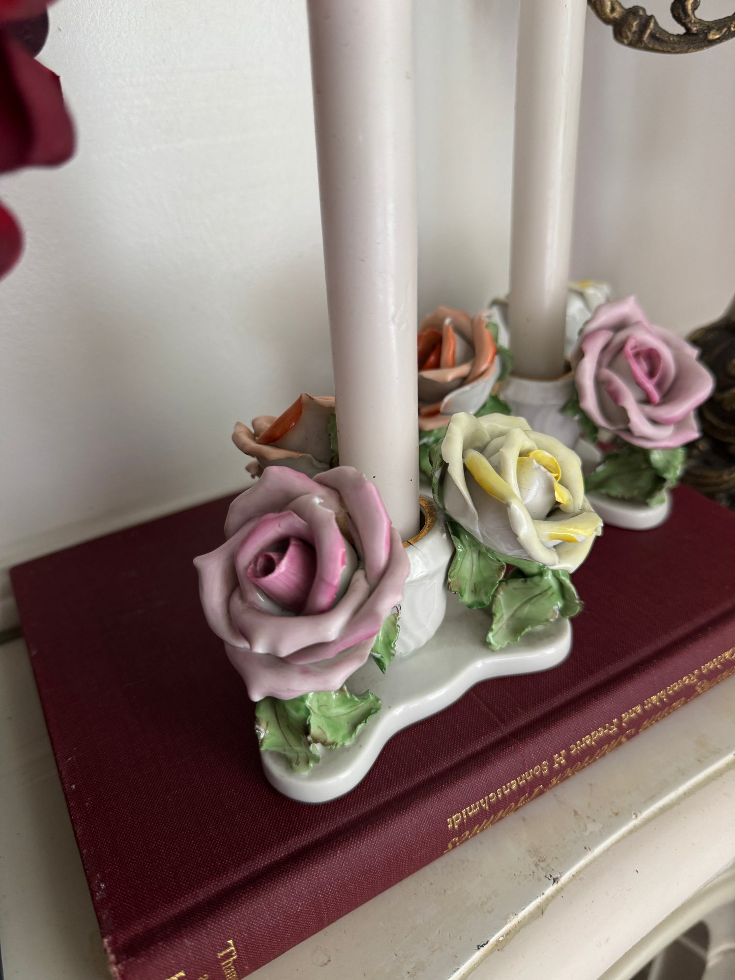 Vintage Rare Antique Herend Hungarian Hand-Painted Three Roses Candle Holder Pair