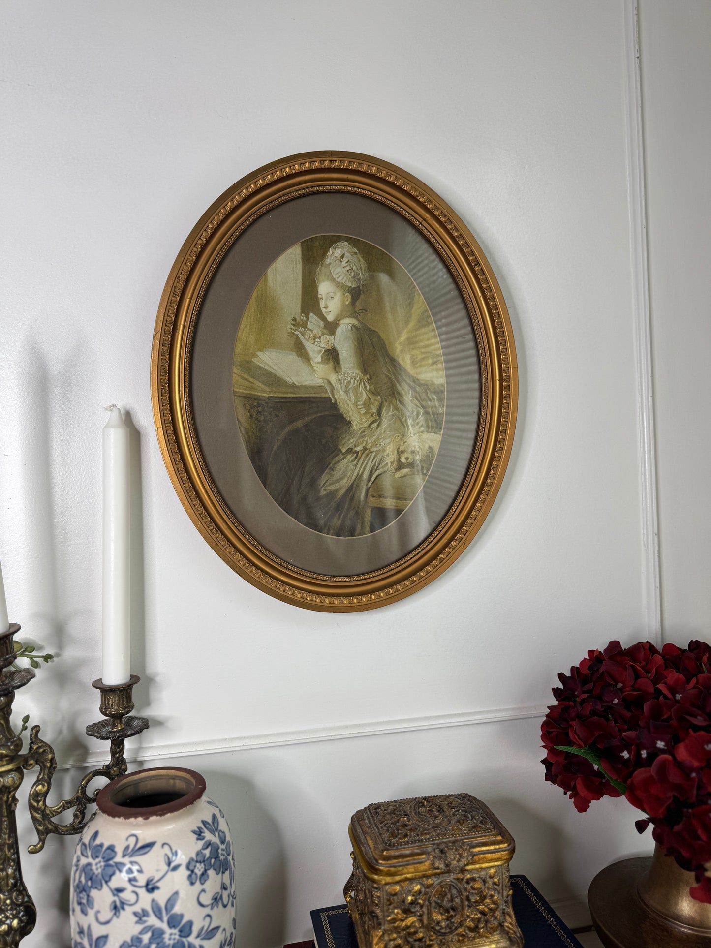 Elegant Antique Wall Art in Oval Gold Wooden Frame