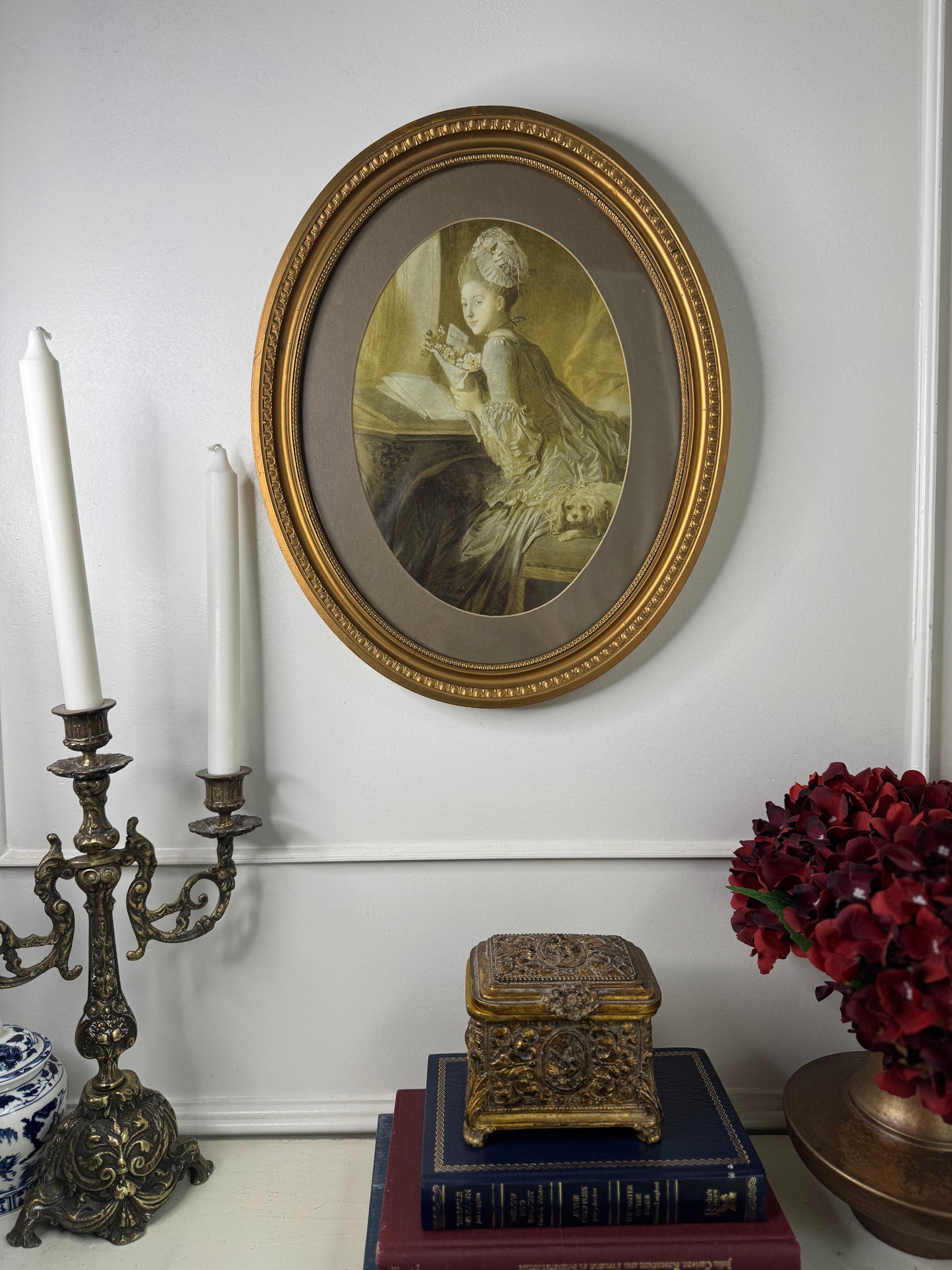 Elegant Antique Wall Art in Oval Gold Wooden Frame