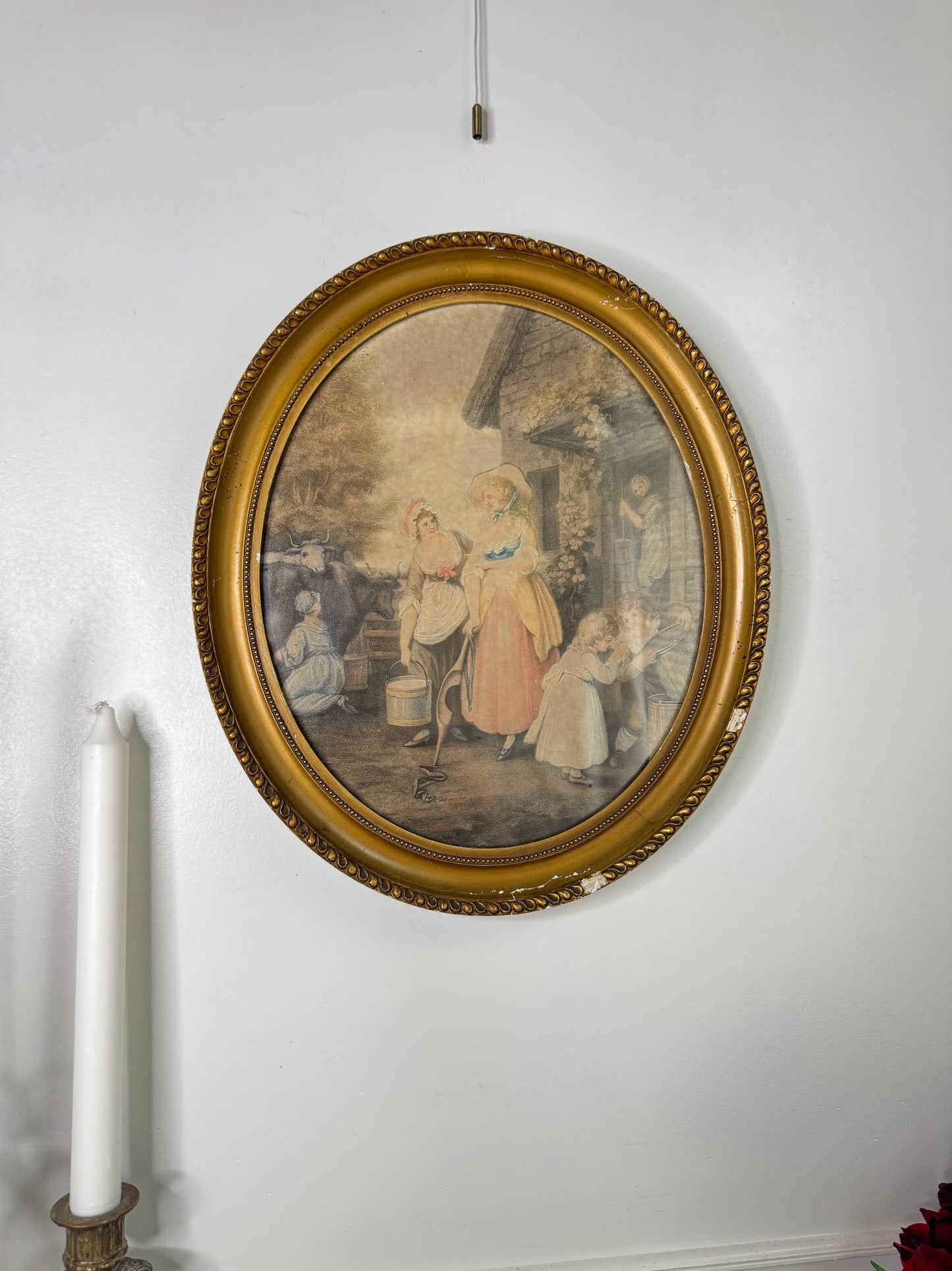 Vintage Hand-Coloured Artwork Stipple Engraving in Oval Giltwood Frame