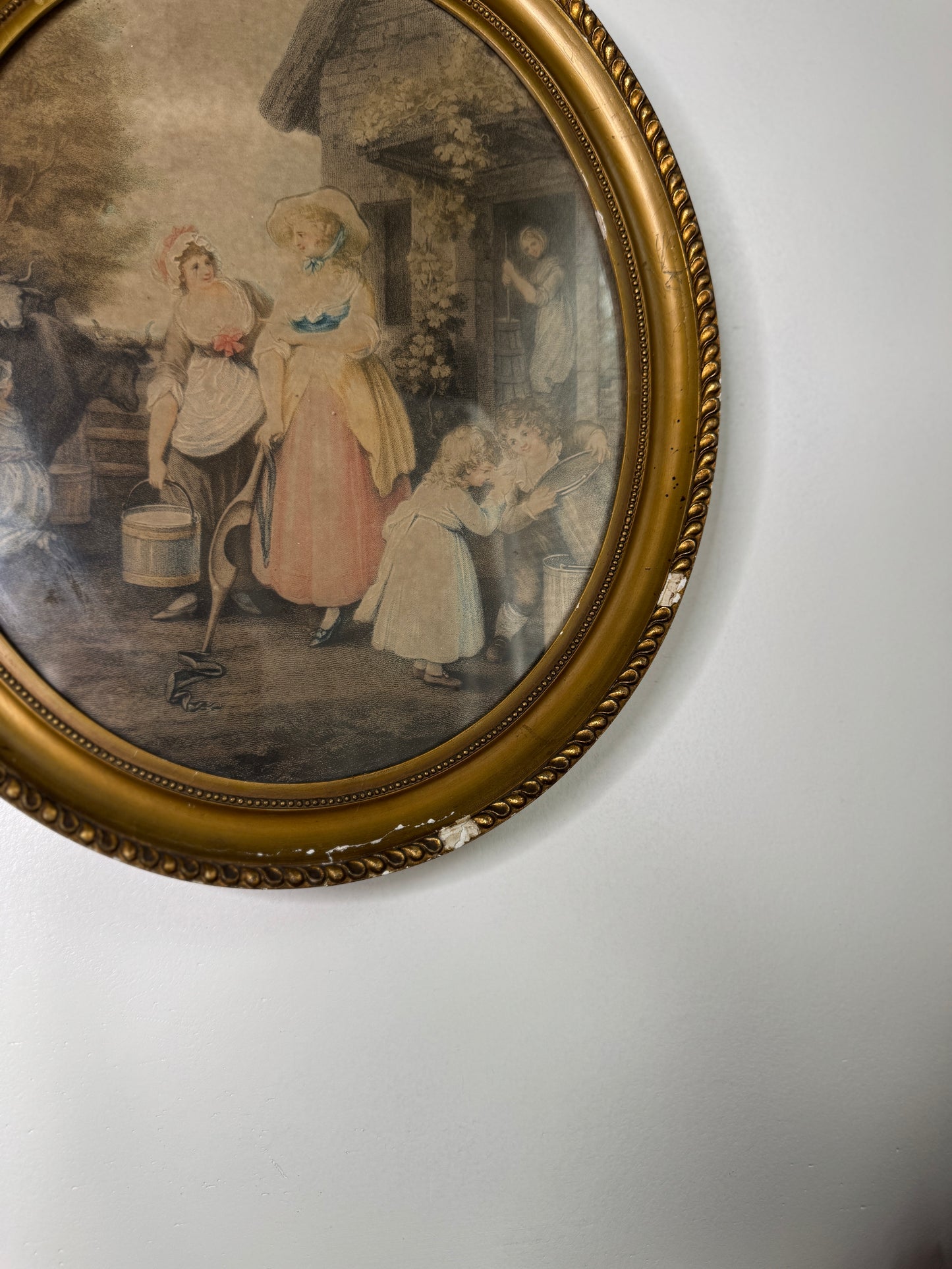 Vintage Hand-Coloured Artwork Stipple Engraving in Oval Giltwood Frame