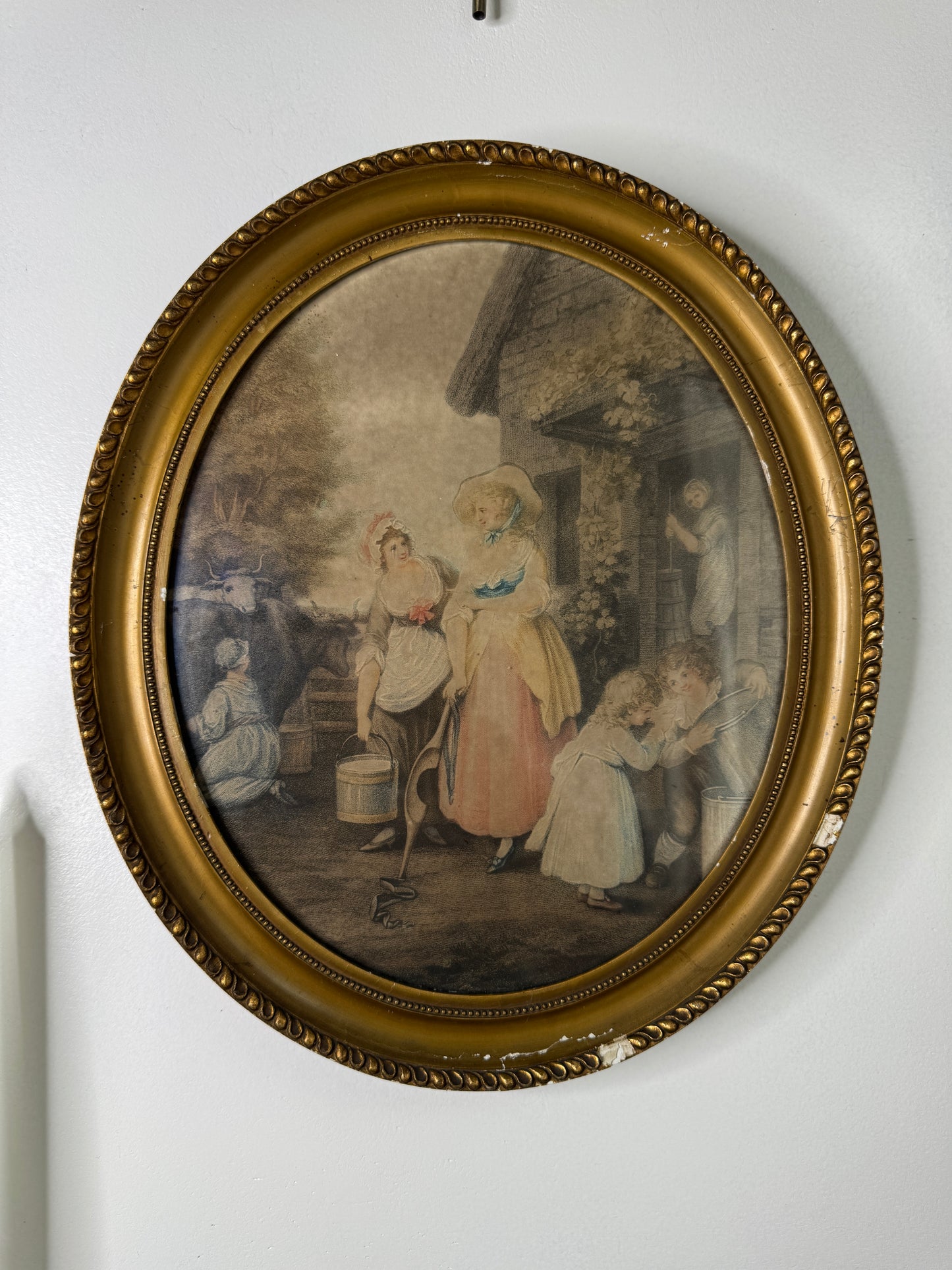Vintage Hand-Coloured Artwork Stipple Engraving in Oval Giltwood Frame