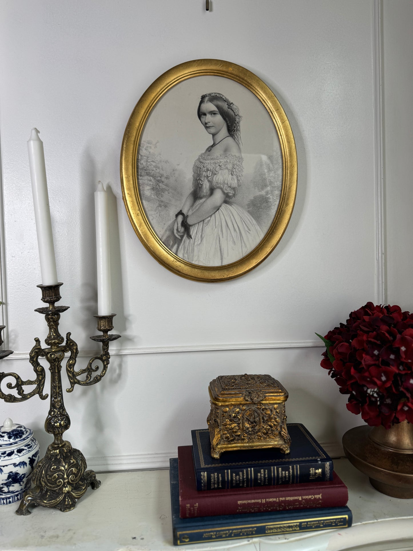 Victorian 1859 Engraving in Gold Oval Gilt Frame with Handwritten Note