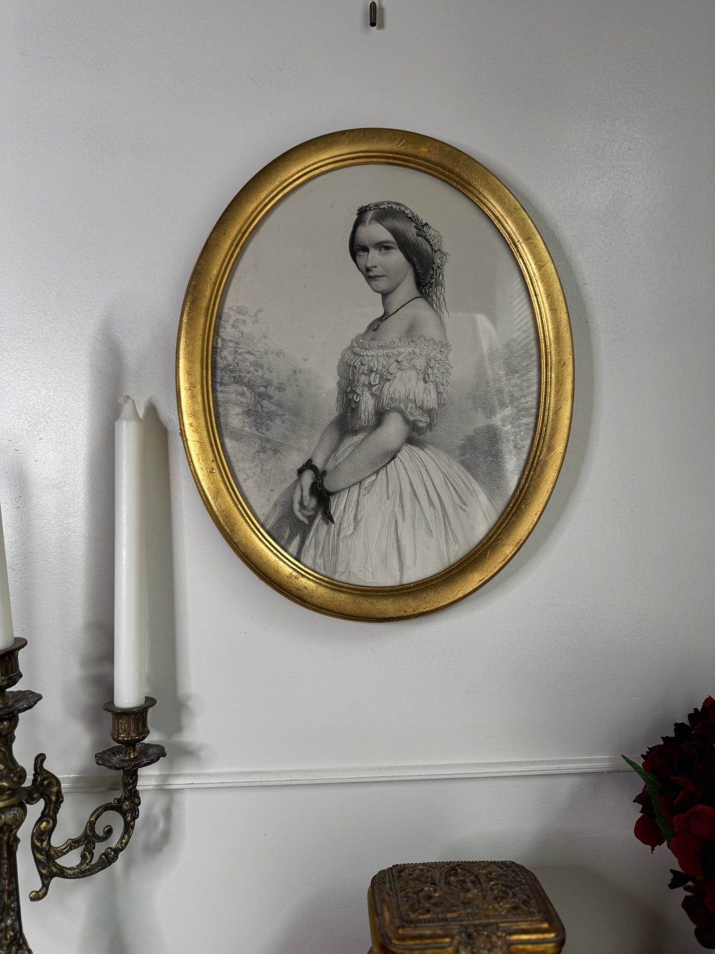 Victorian 1859 Engraving in Gold Oval Gilt Frame with Handwritten Note