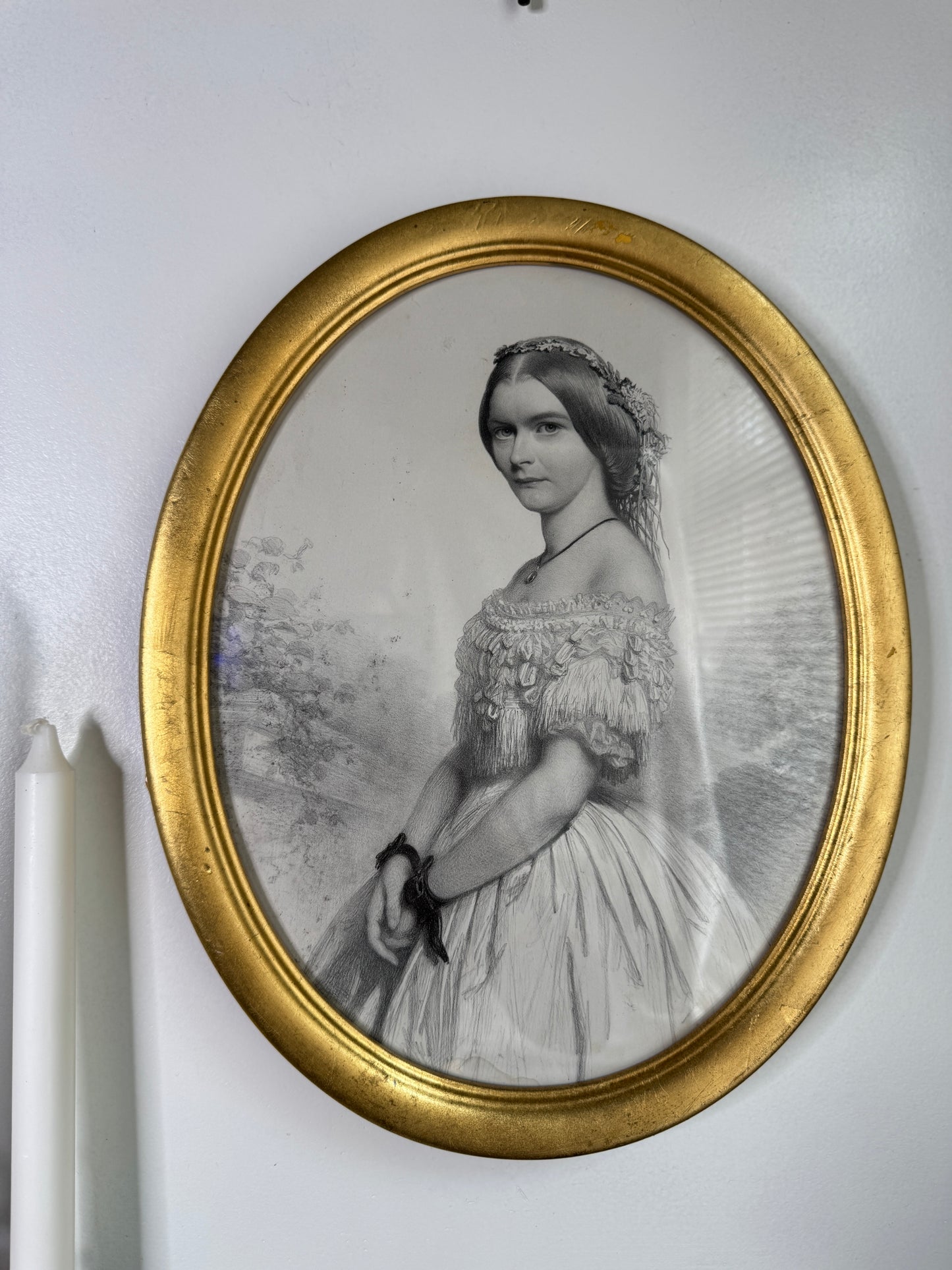 Victorian 1859 Engraving in Gold Oval Gilt Frame with Handwritten Note