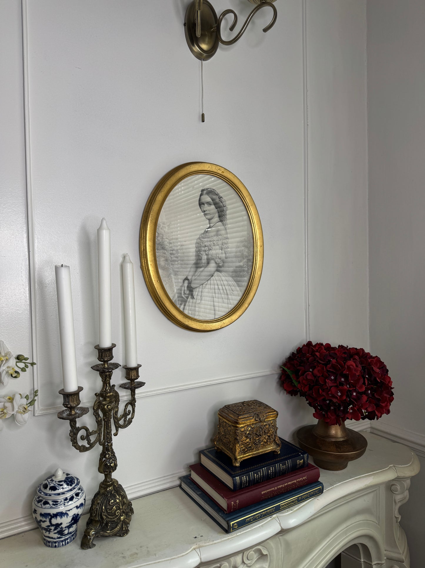 Victorian 1859 Engraving in Gold Oval Gilt Frame with Handwritten Note