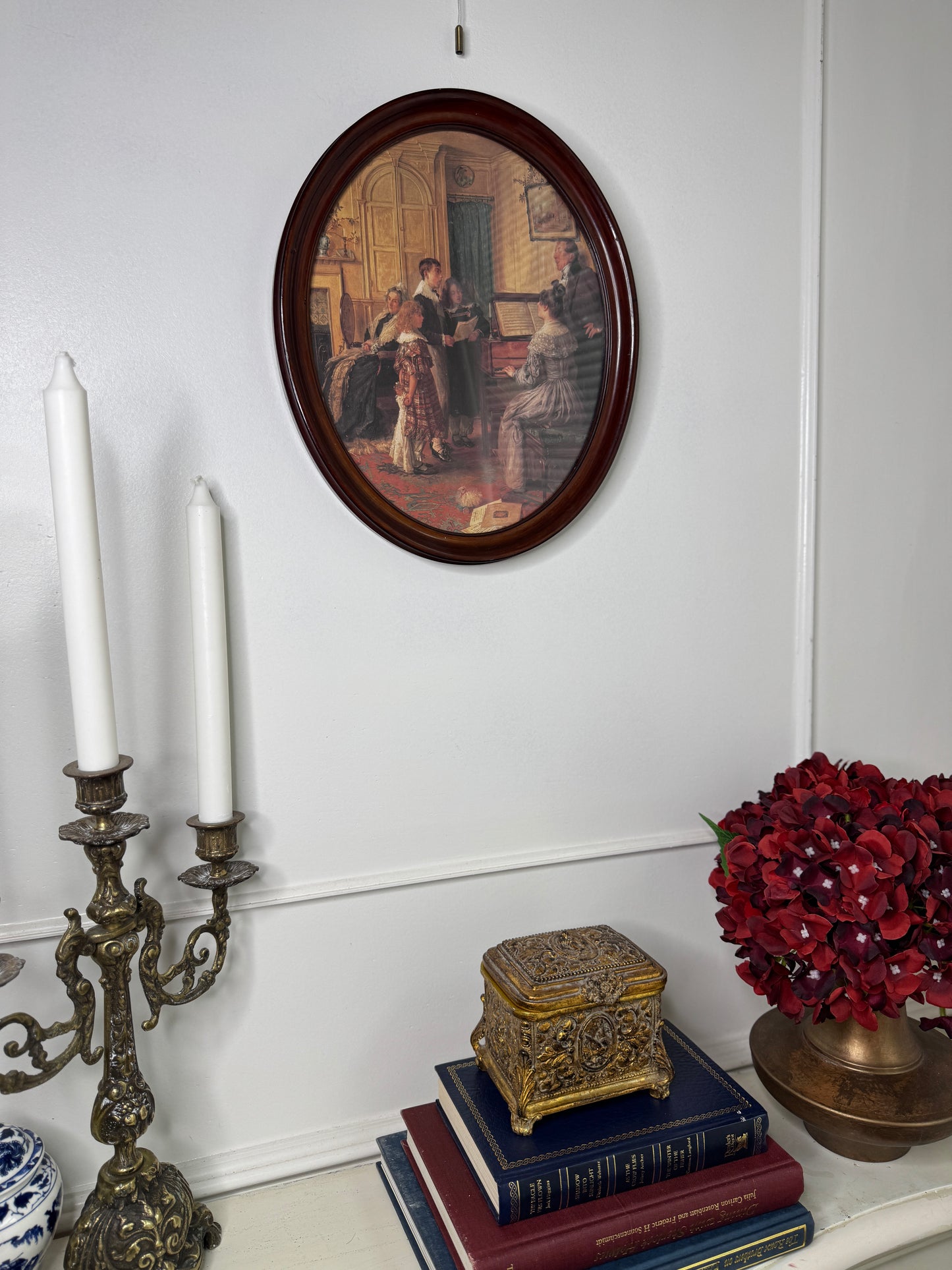 Vintage Reproduction Print in Oval Wooden Frame