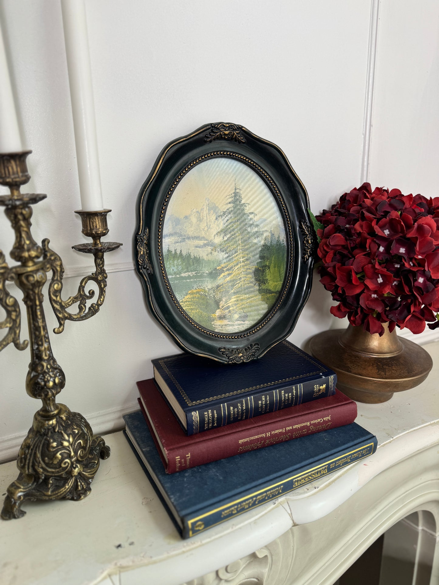 Vintage Oil Painting in Green Oval Resin Frame