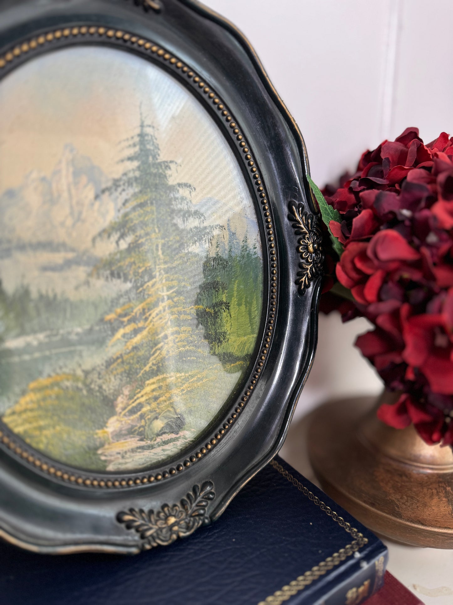 Vintage Oil Painting in Green Oval Resin Frame