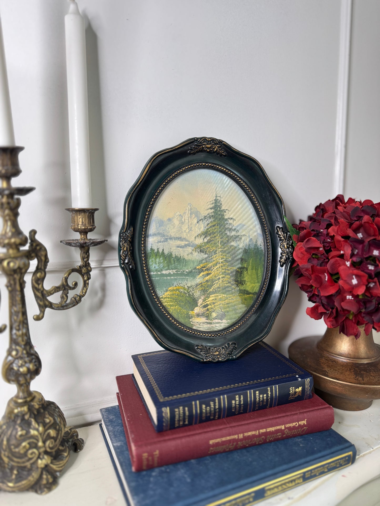 Vintage Oil Painting in Green Oval Resin Frame