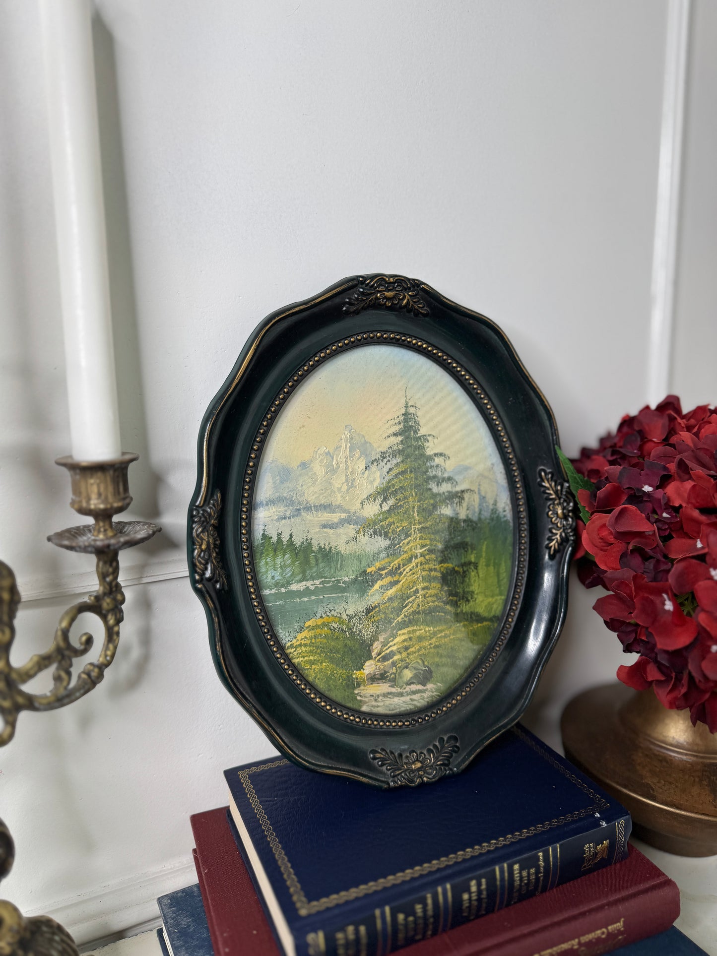 Vintage Oil Painting in Green Oval Resin Frame
