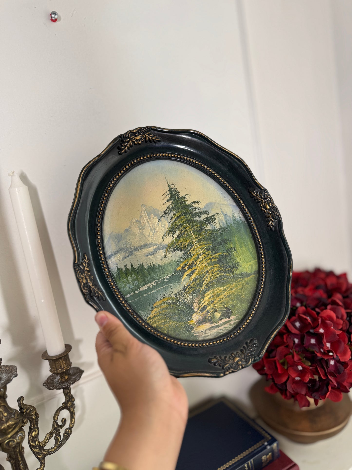 Vintage Oil Painting in Green Oval Resin Frame