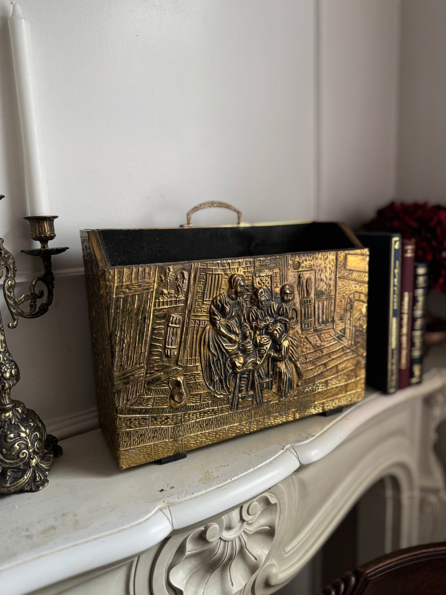 Vintage Lombard Brass Magazine Rack with Embossed Family Scene