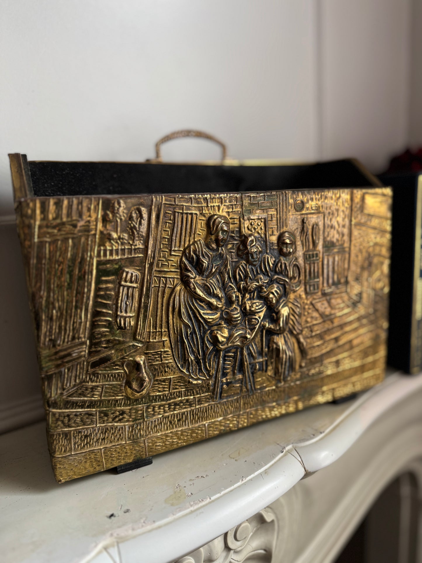 Vintage Lombard Brass Magazine Rack with Embossed Family Scene