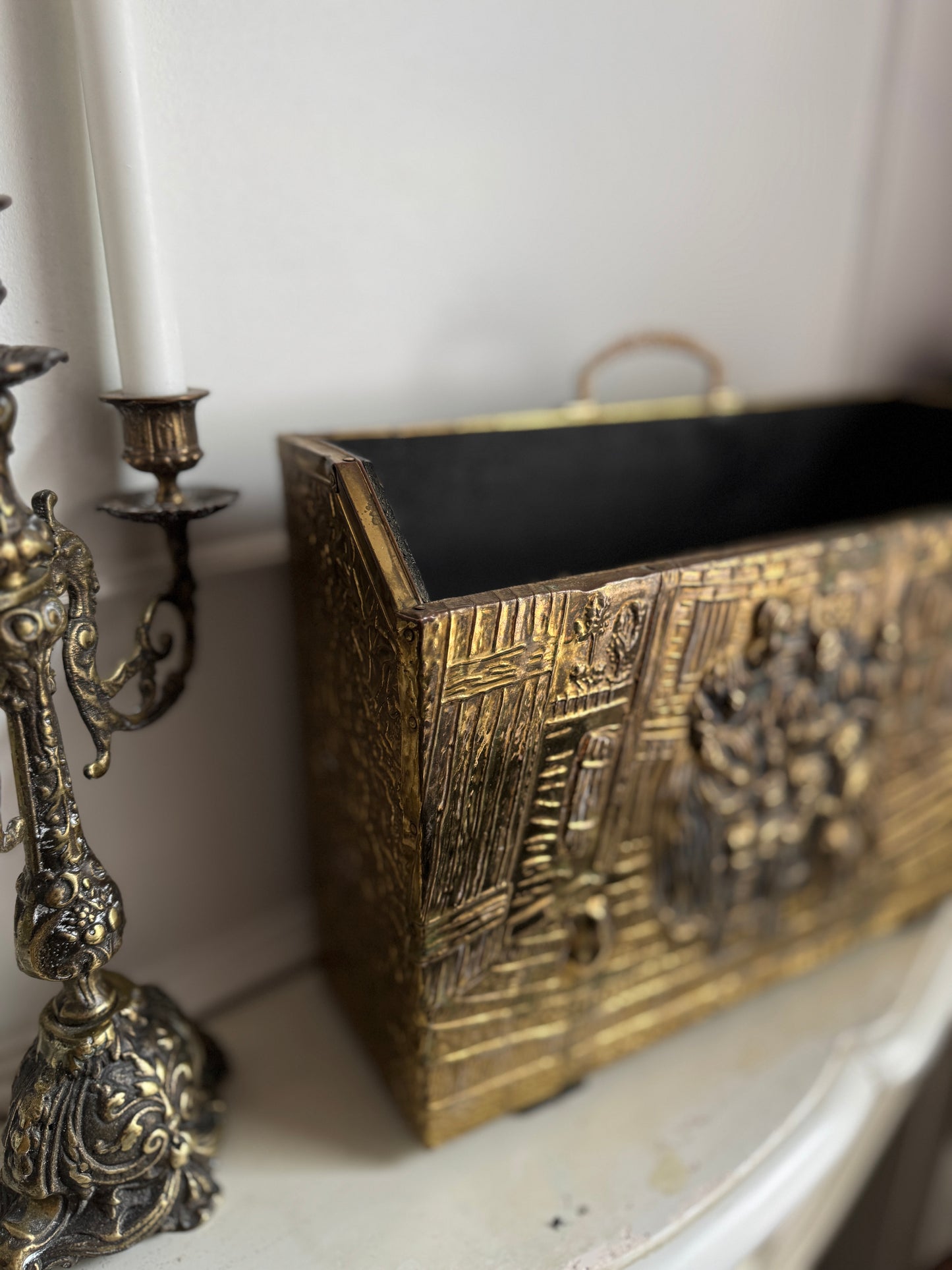 Vintage Lombard Brass Magazine Rack with Embossed Family Scene