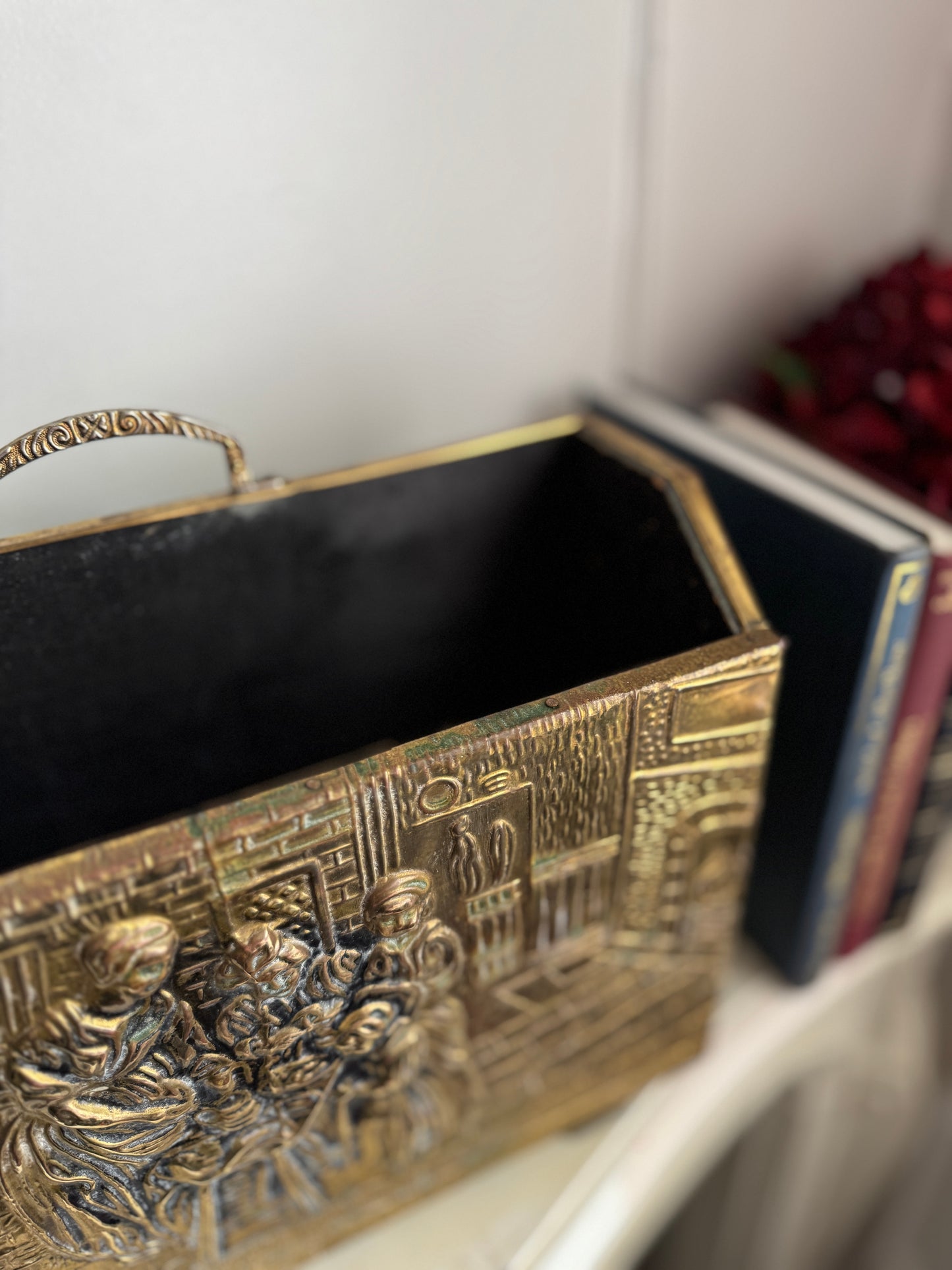 Vintage Lombard Brass Magazine Rack with Embossed Family Scene