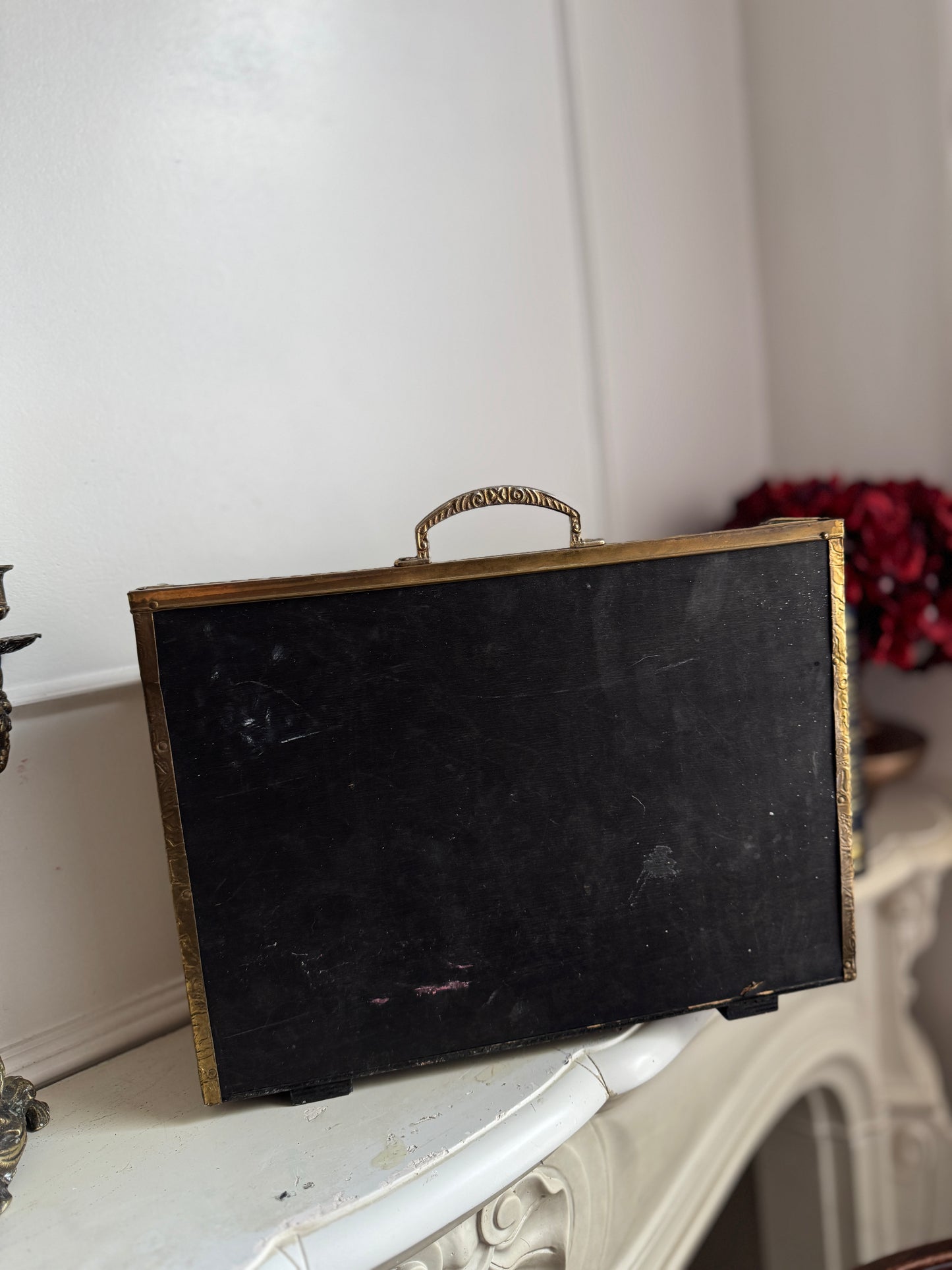 Vintage Lombard Brass Magazine Rack with Embossed Family Scene