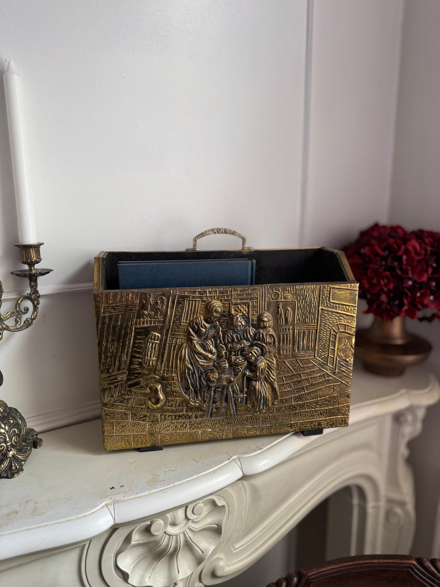 Vintage Lombard Brass Magazine Rack with Embossed Family Scene