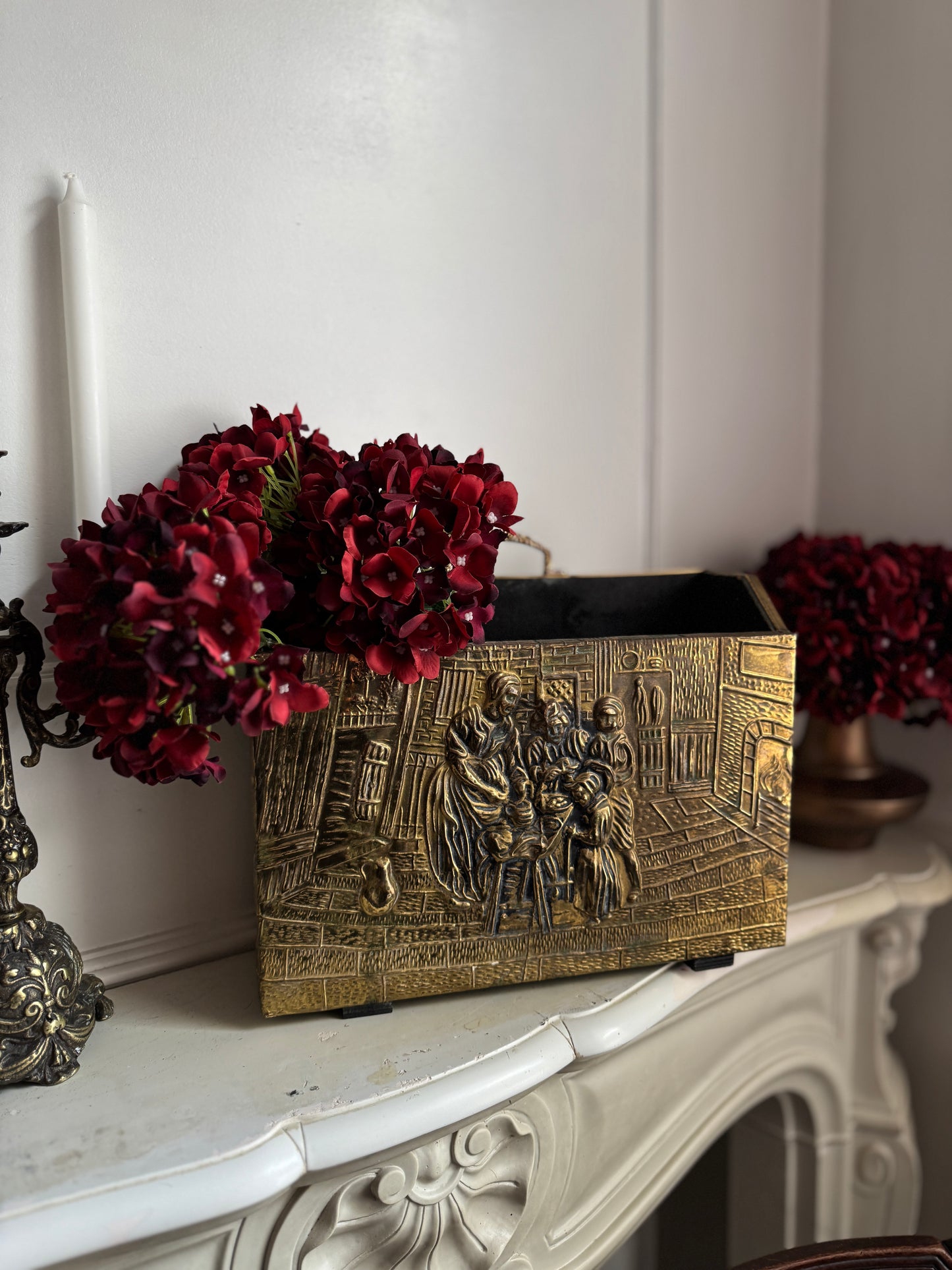 Vintage Lombard Brass Magazine Rack with Embossed Family Scene