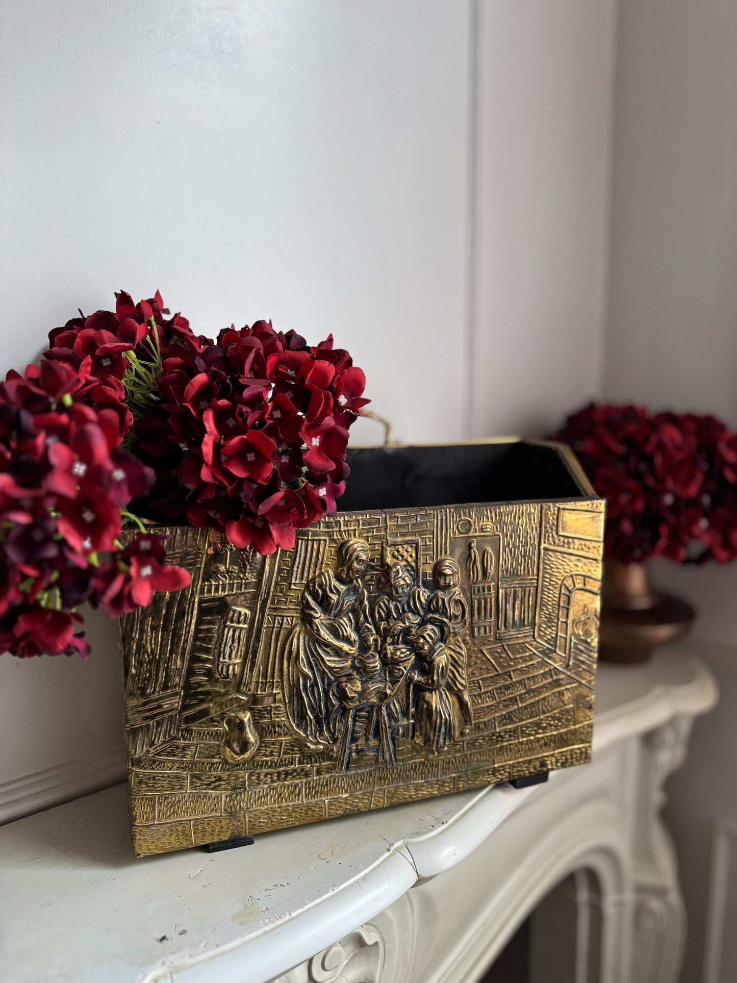 Vintage Lombard Brass Magazine Rack with Embossed Family Scene
