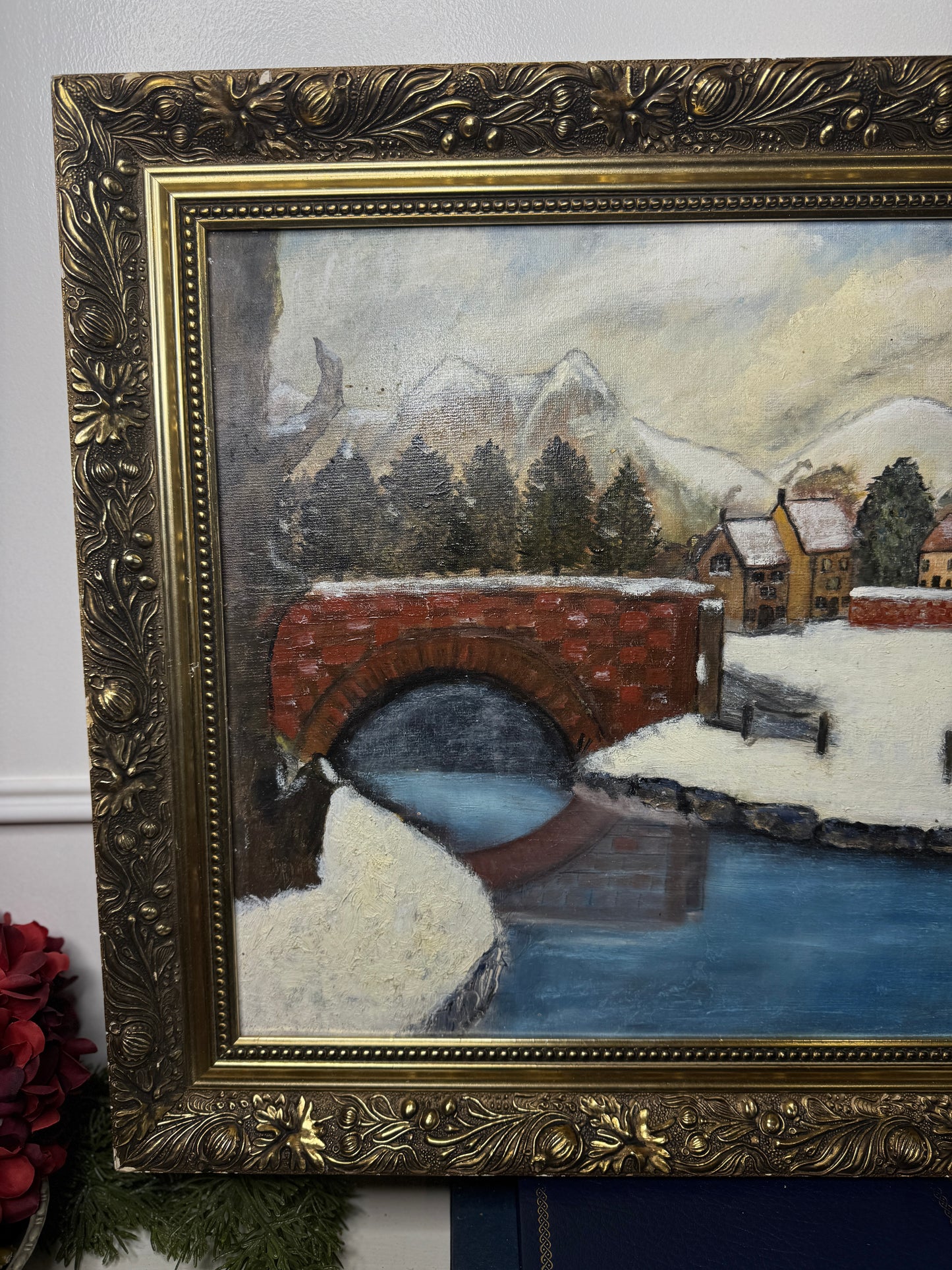Vintage Large Winter Scenery Oil Painting by y E. Henstock in Belvoir Gilt Frame