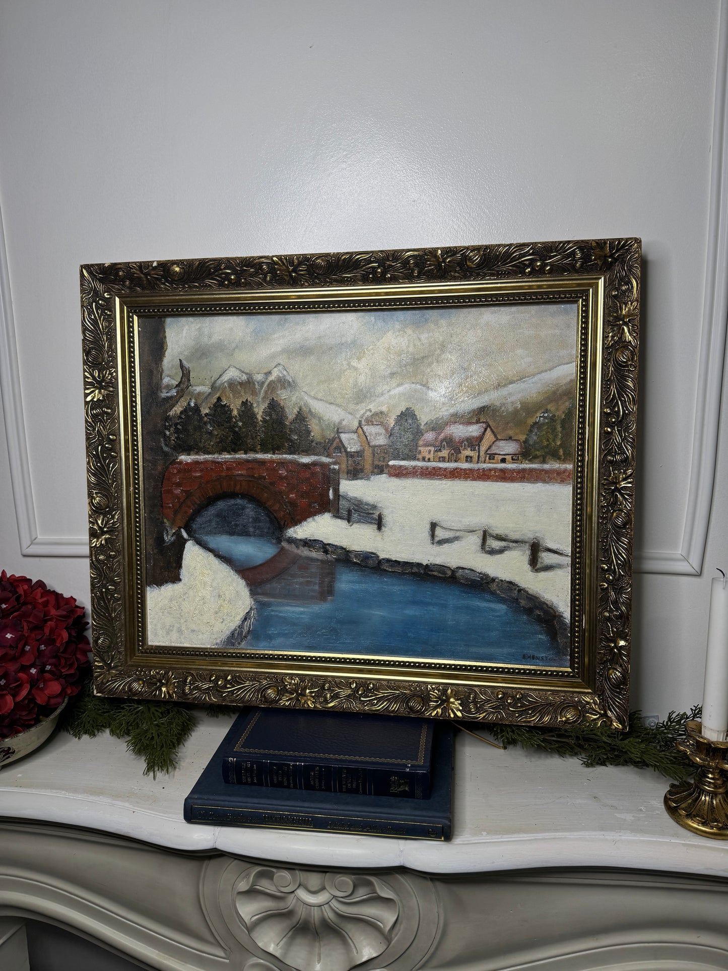 Vintage Large Winter Scenery Oil Painting by E. Henstock
