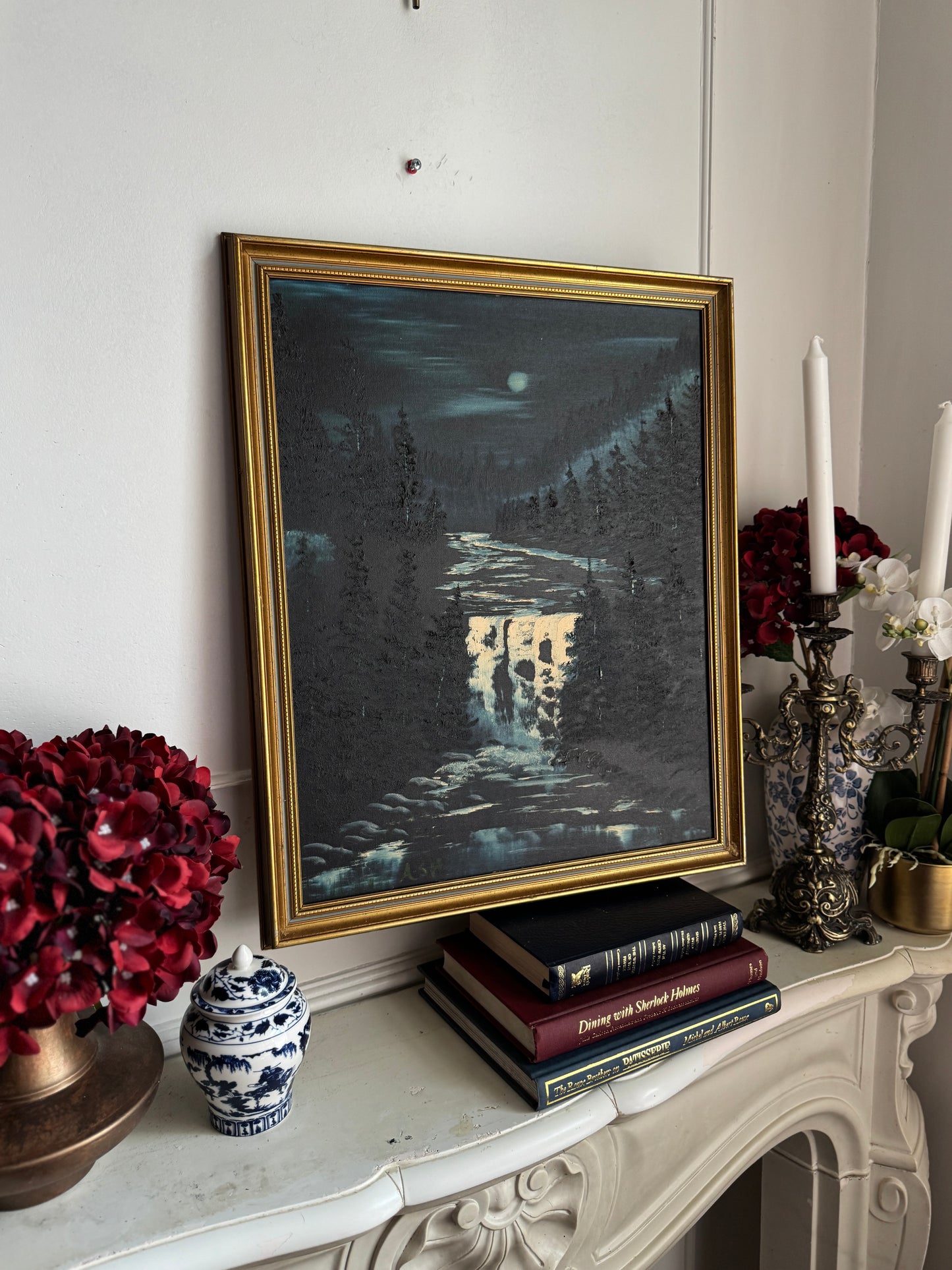 Golden Horizon – Signed Vintage Oil Painting in Blue-Trimmed Gilt Frame