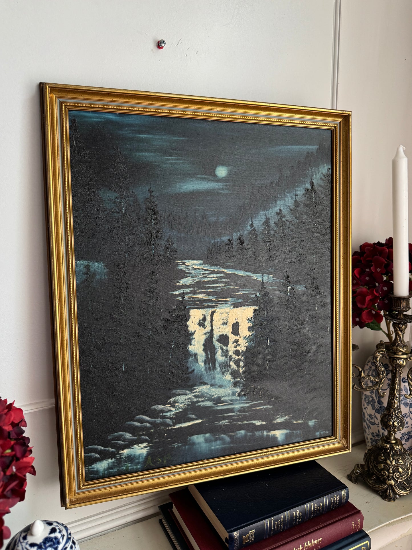 Golden Horizon – Signed Vintage Oil Painting in Blue-Trimmed Gilt Frame