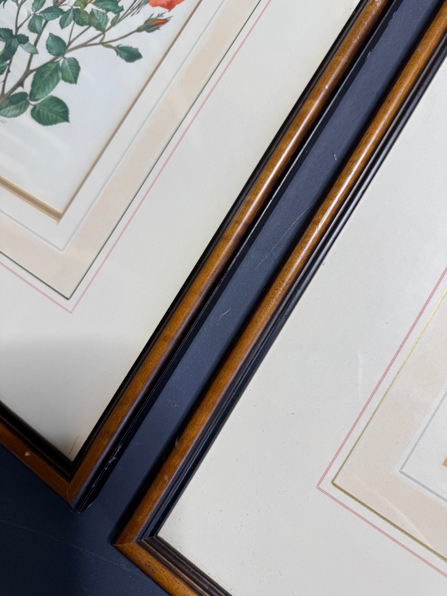 Vintage Signed Print Art Set in Matching Wooden Glazed Frame Pair