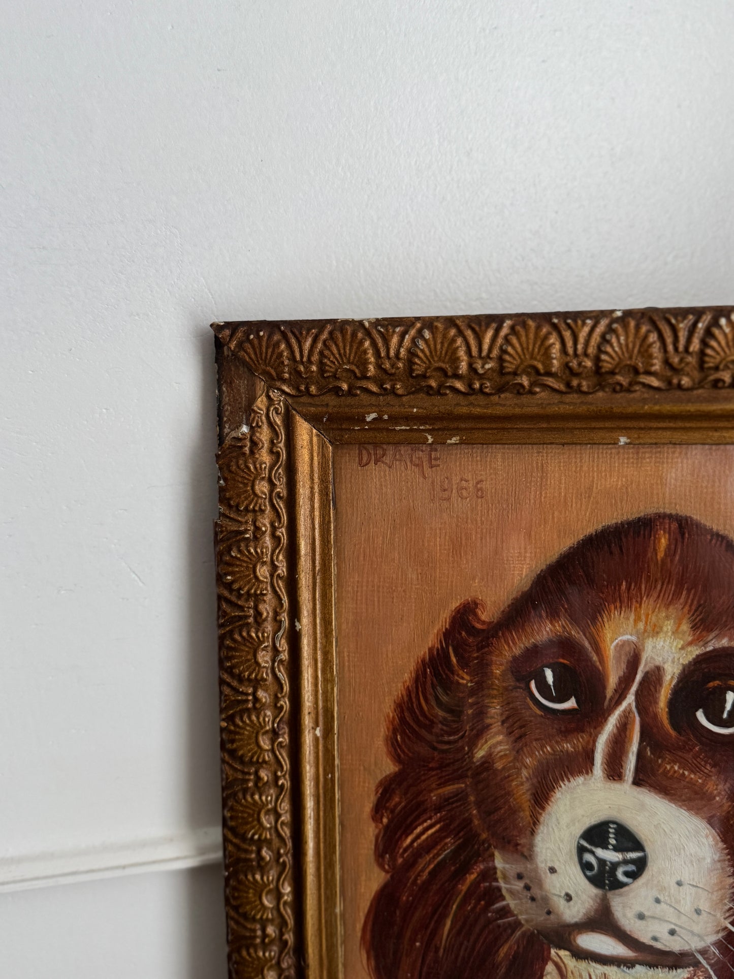 Vintage Signed Loyal Eyes, Vintage Soul Dog Painting in Gilt Frame