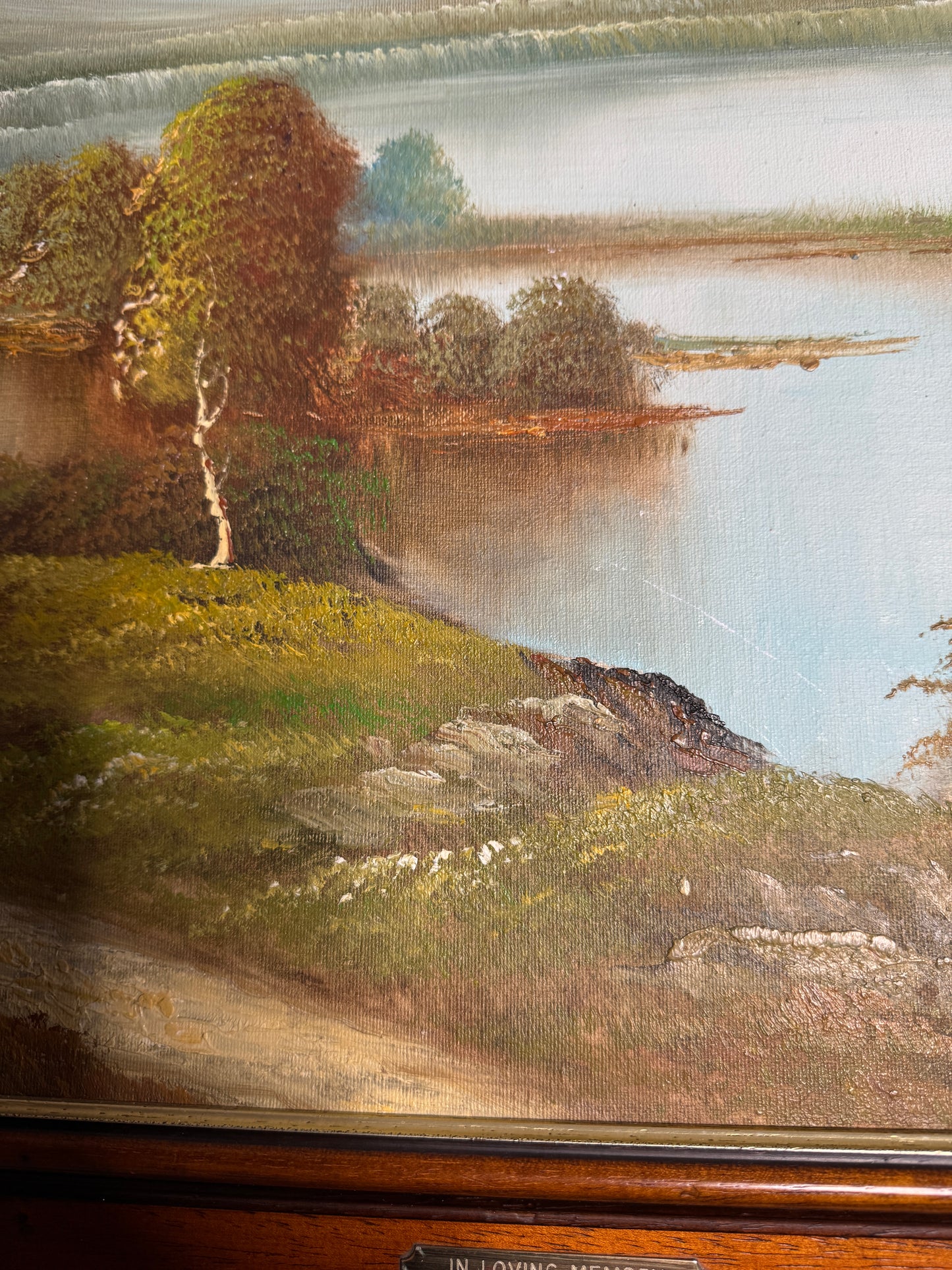 Large Original Signed Oil Painting in Wooden Frame - Lakeside Reflections