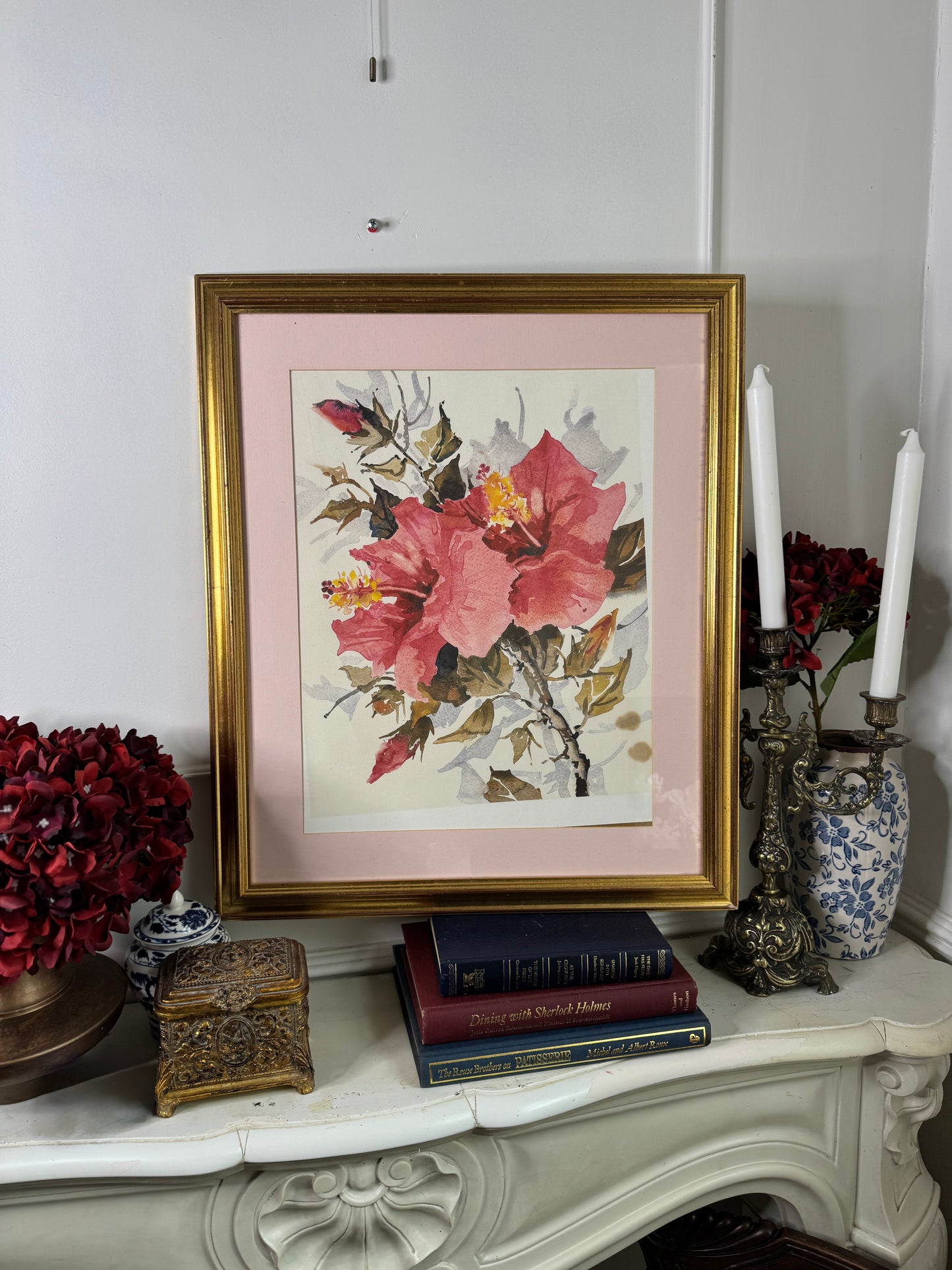 Elegant Petals – Large Vintage Watercolour with Gold Frame
