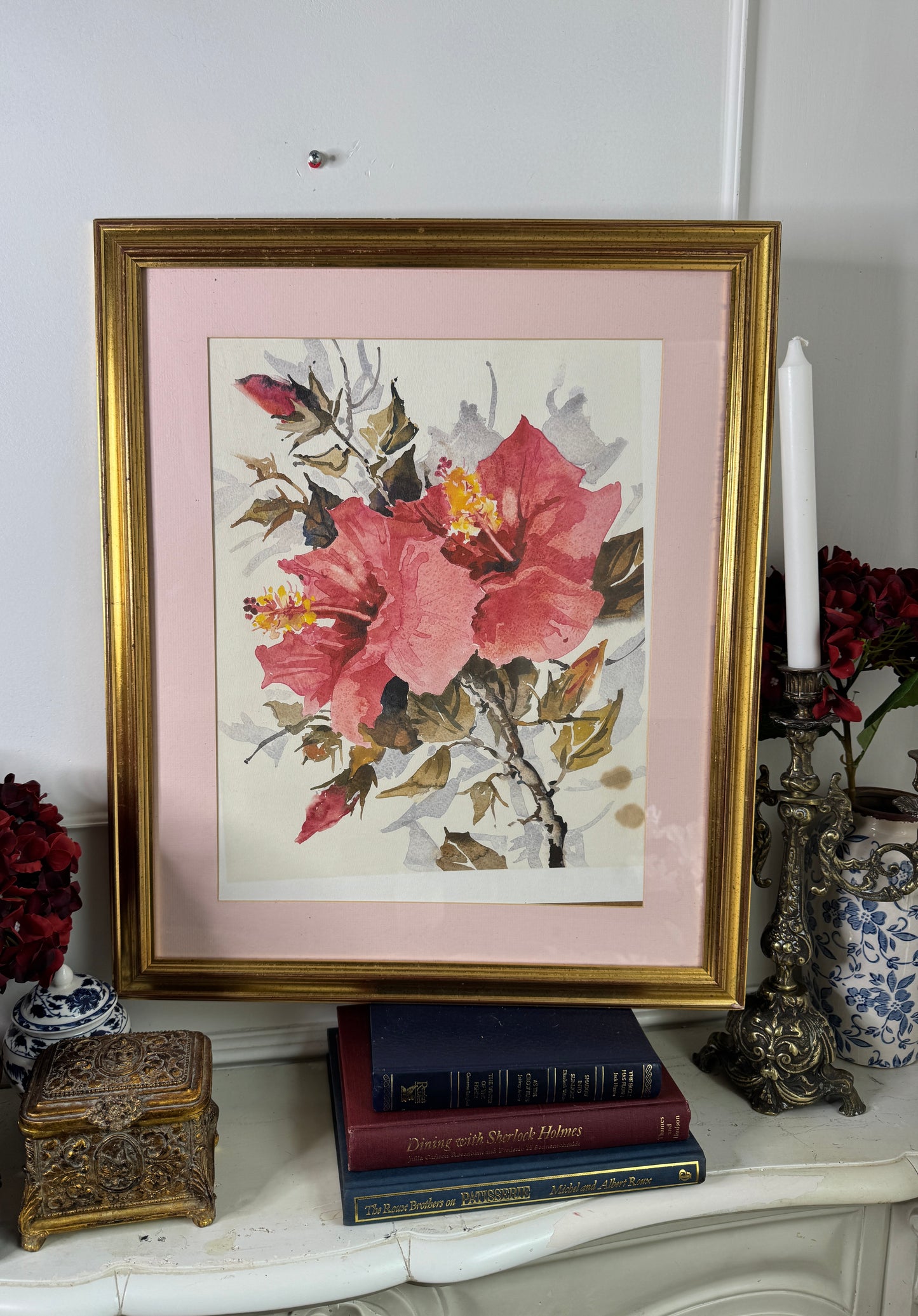 Elegant Petals – Large Vintage Watercolour with Gold Frame