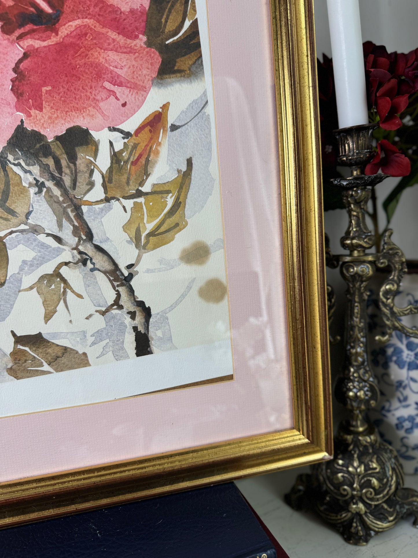 Elegant Petals – Large Vintage Watercolour with Gold Frame
