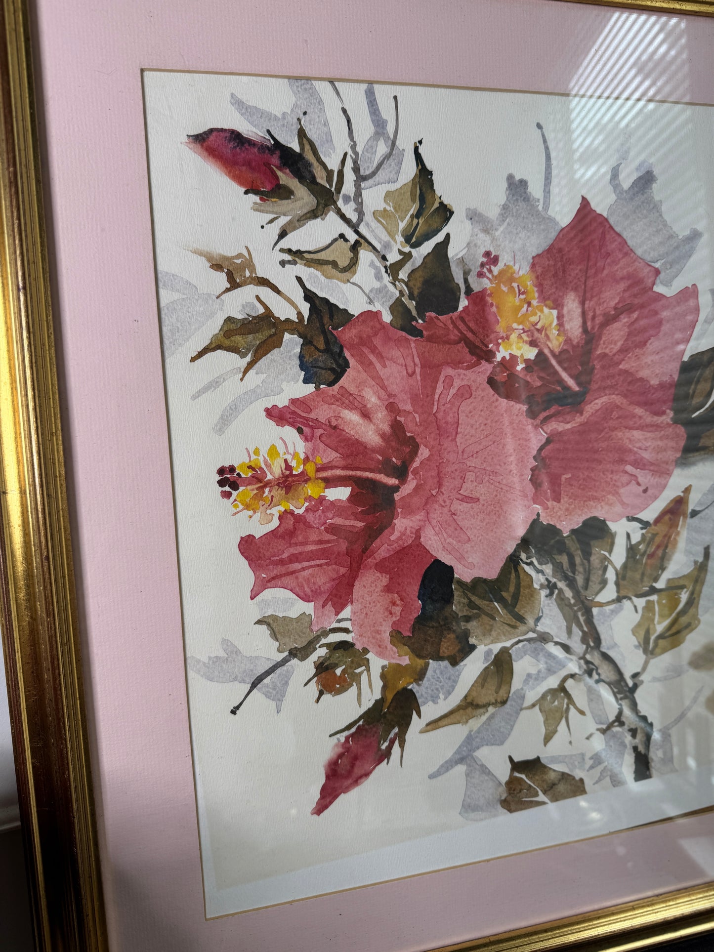 Elegant Petals – Large Vintage Watercolour with Gold Frame