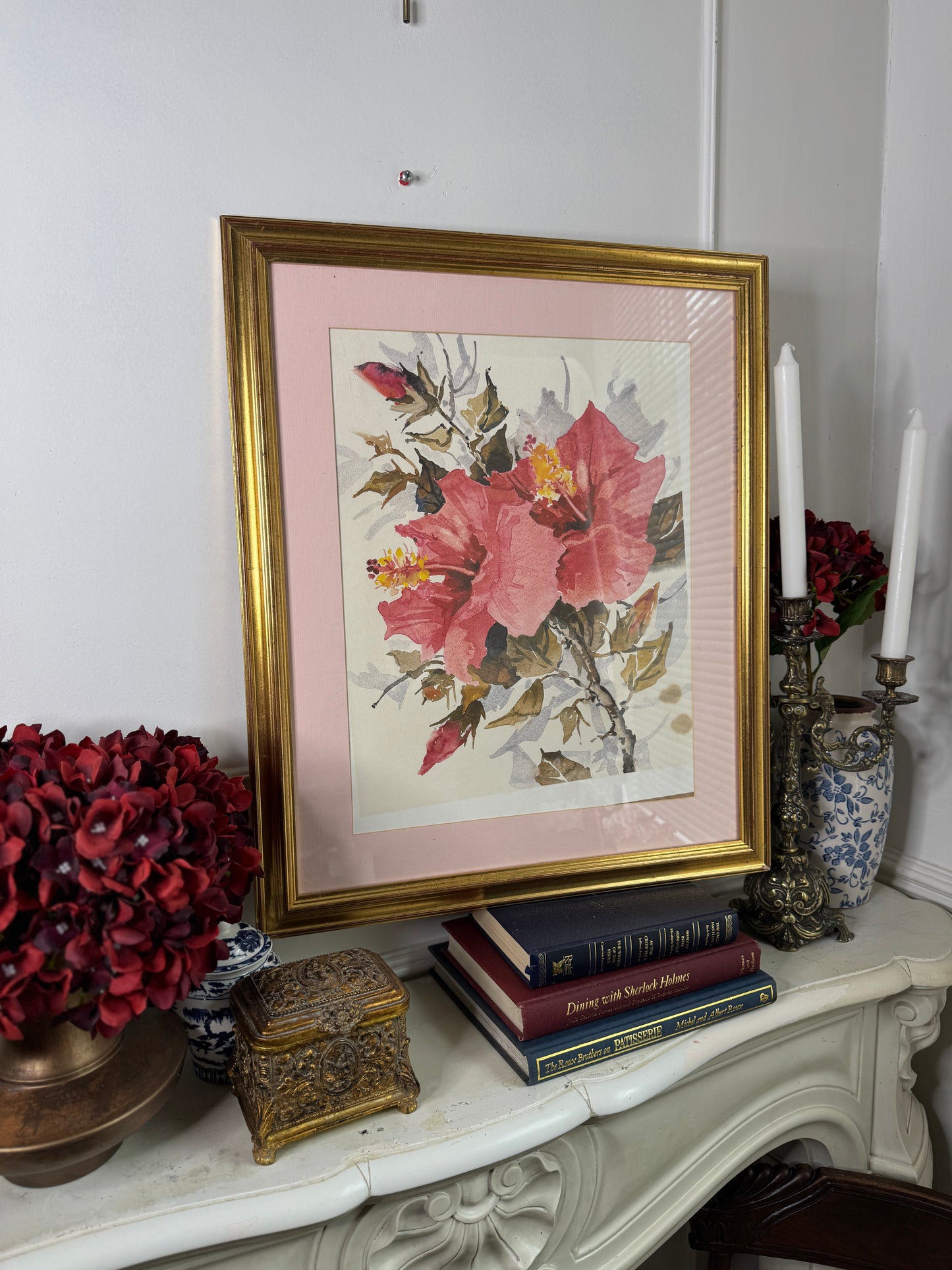 Elegant Petals – Large Vintage Watercolour with Gold Frame