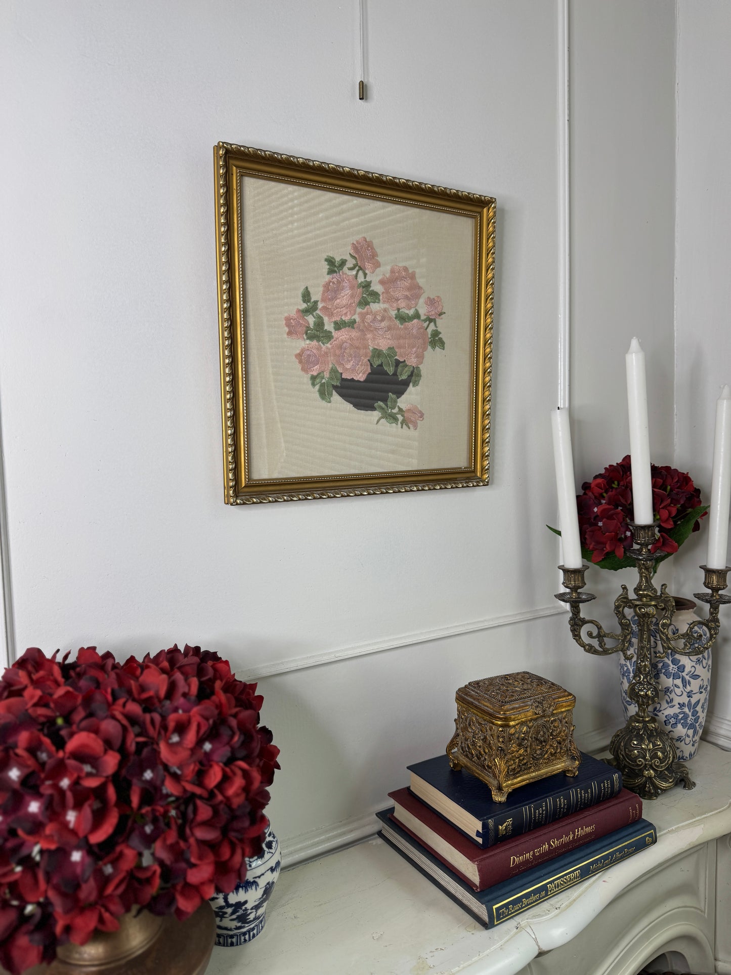 Blush & Bloom – Vintage Embroidered Pink Bouquet in Gilt Frame