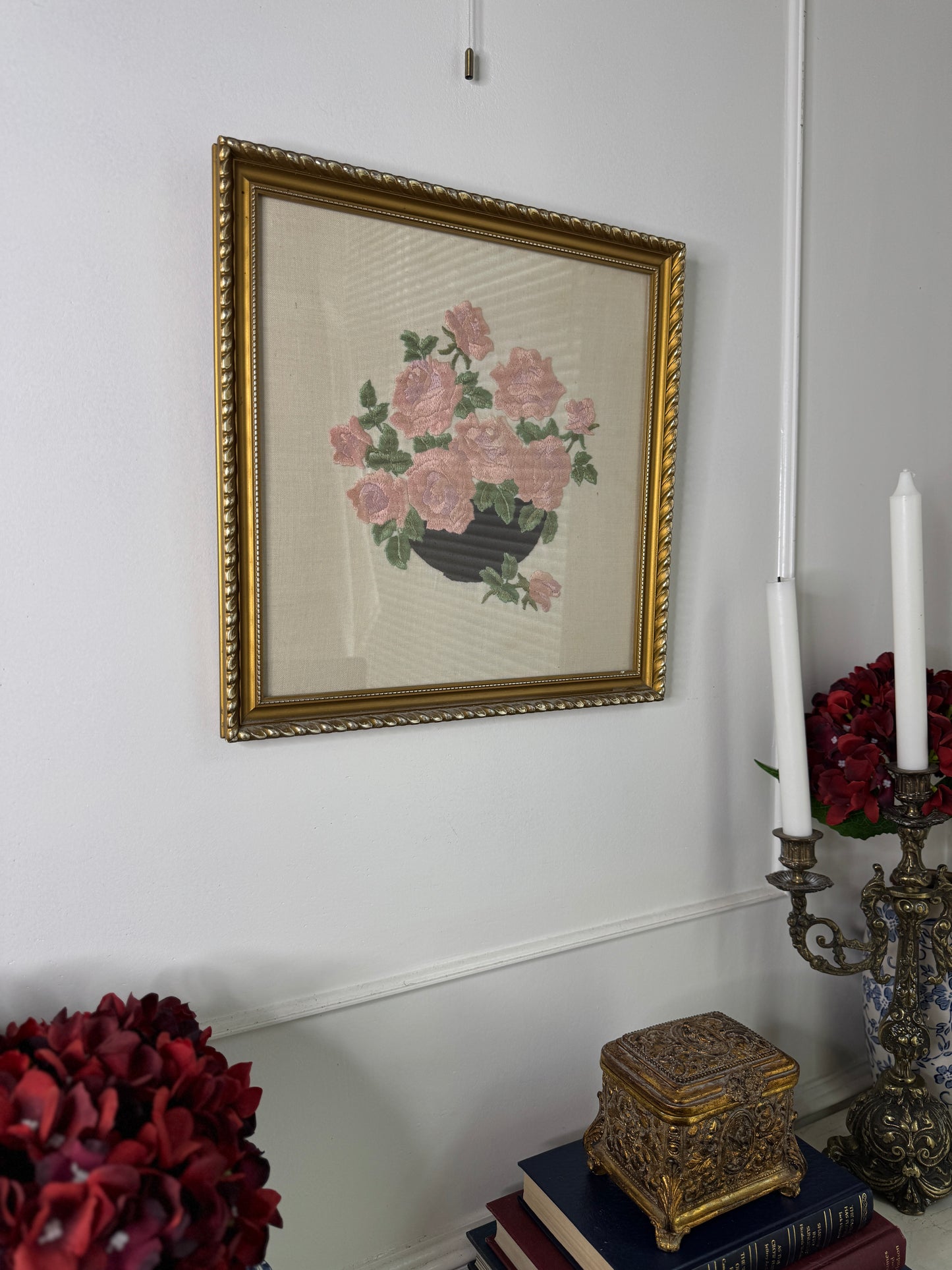 Blush & Bloom – Vintage Embroidered Pink Bouquet in Gilt Frame