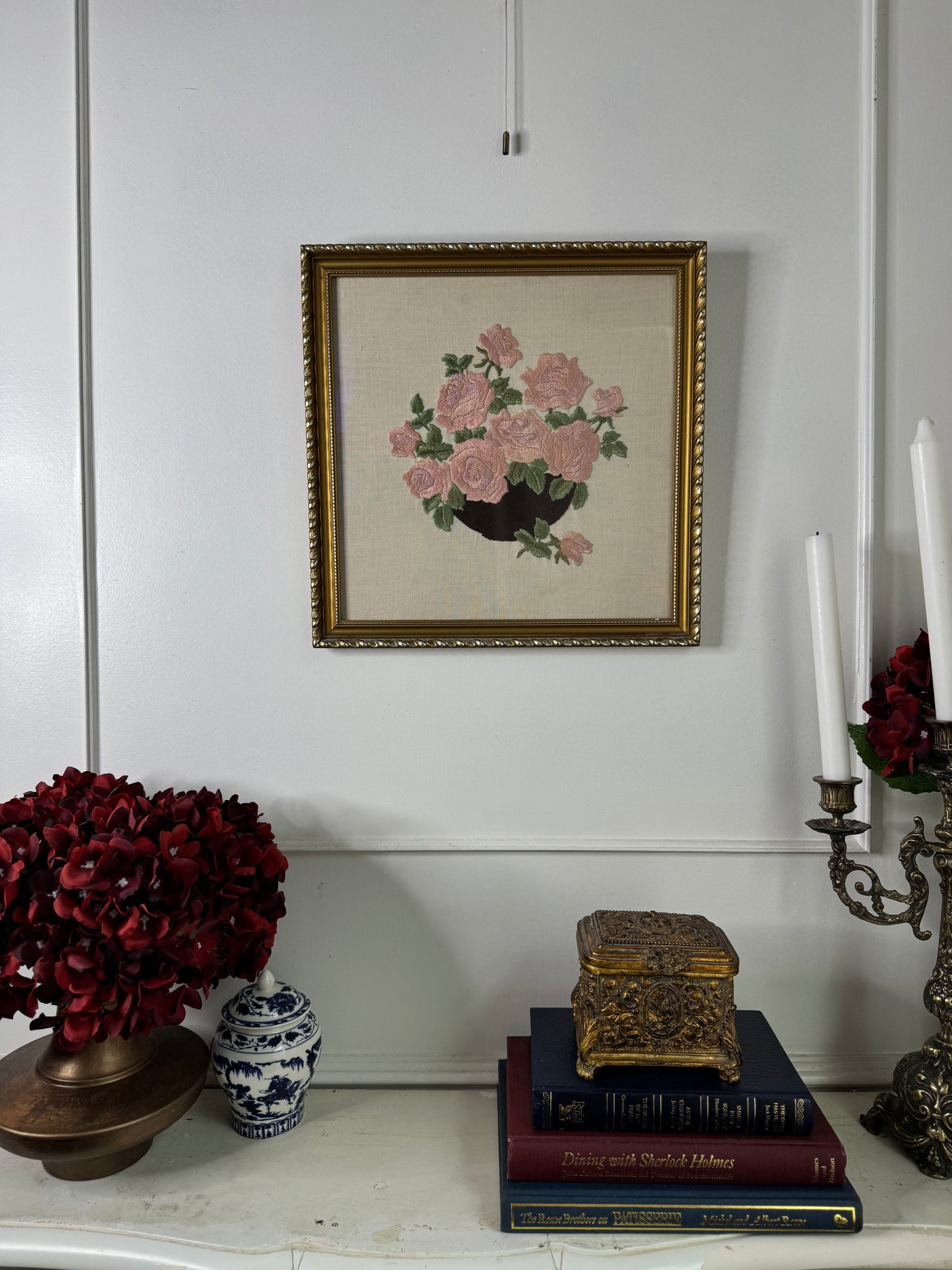 Blush & Bloom – Vintage Embroidered Pink Bouquet in Gilt Frame