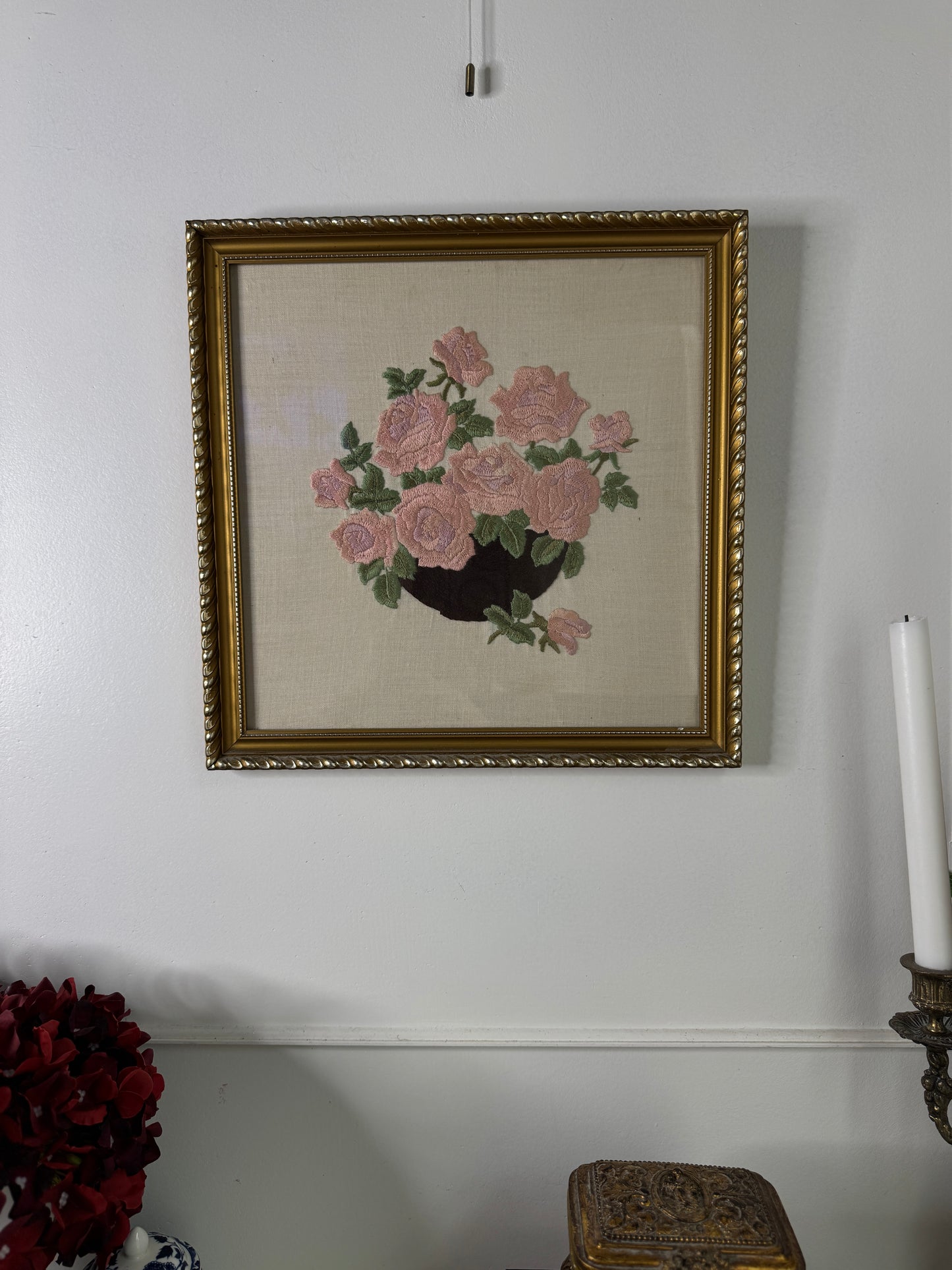 Blush & Bloom – Vintage Embroidered Pink Bouquet in Gilt Frame