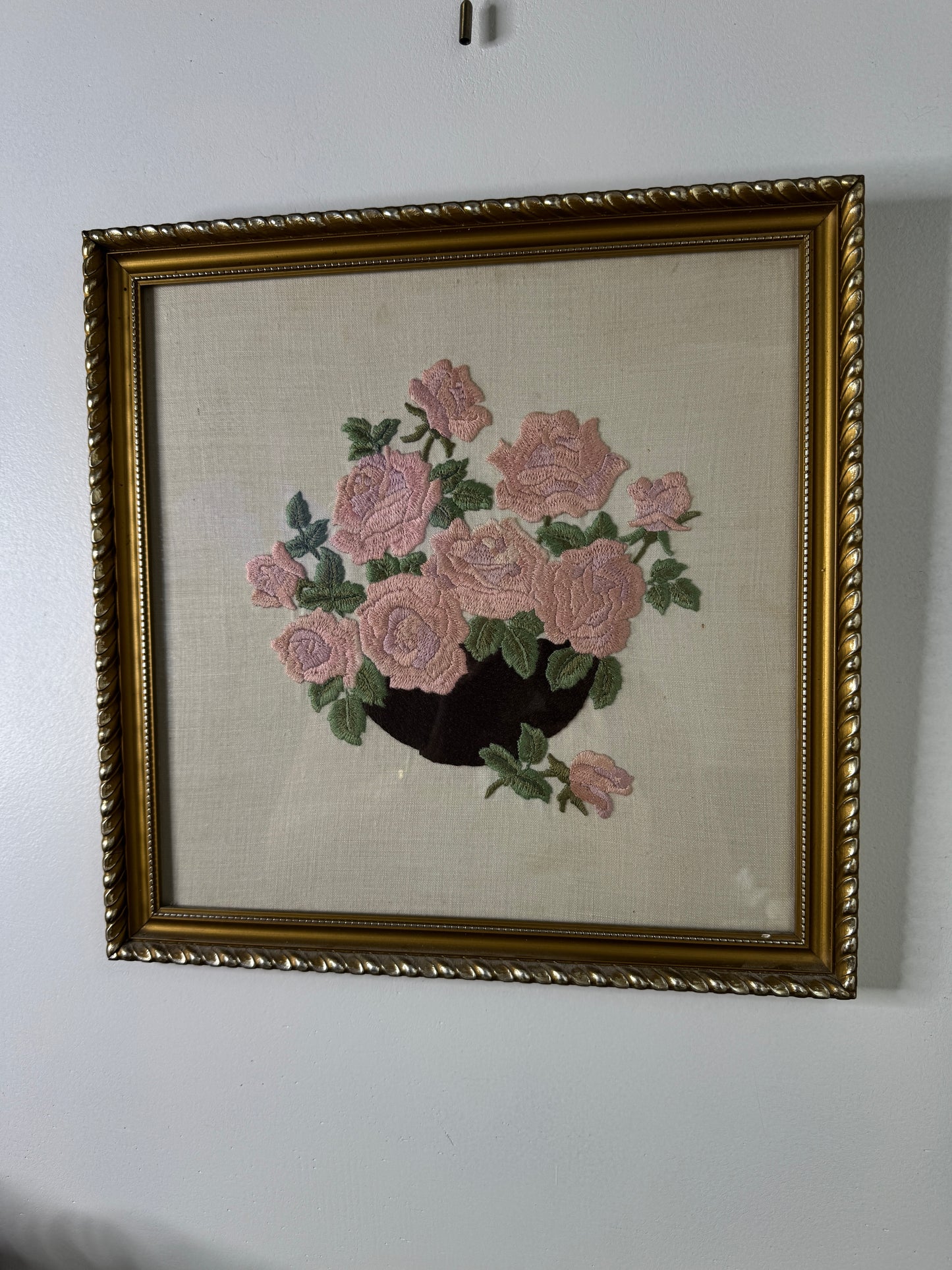 Blush & Bloom – Vintage Embroidered Pink Bouquet in Gilt Frame