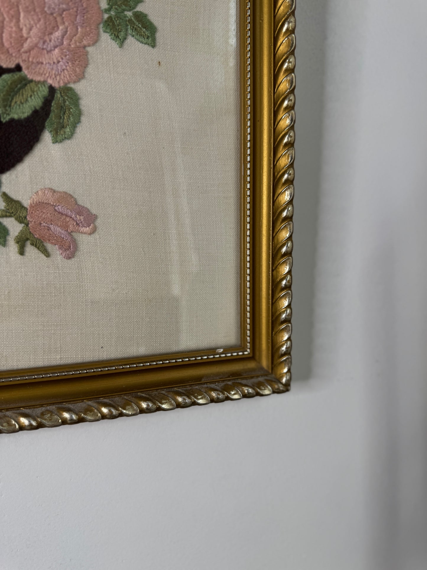 Blush & Bloom – Vintage Embroidered Pink Bouquet in Gilt Frame