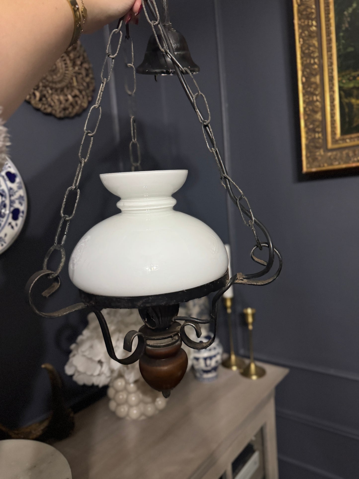 Antique Cast Iron Mid-Century Country Lantern Lights with White Opaque Glass – English Manor Style (Matching Pair)