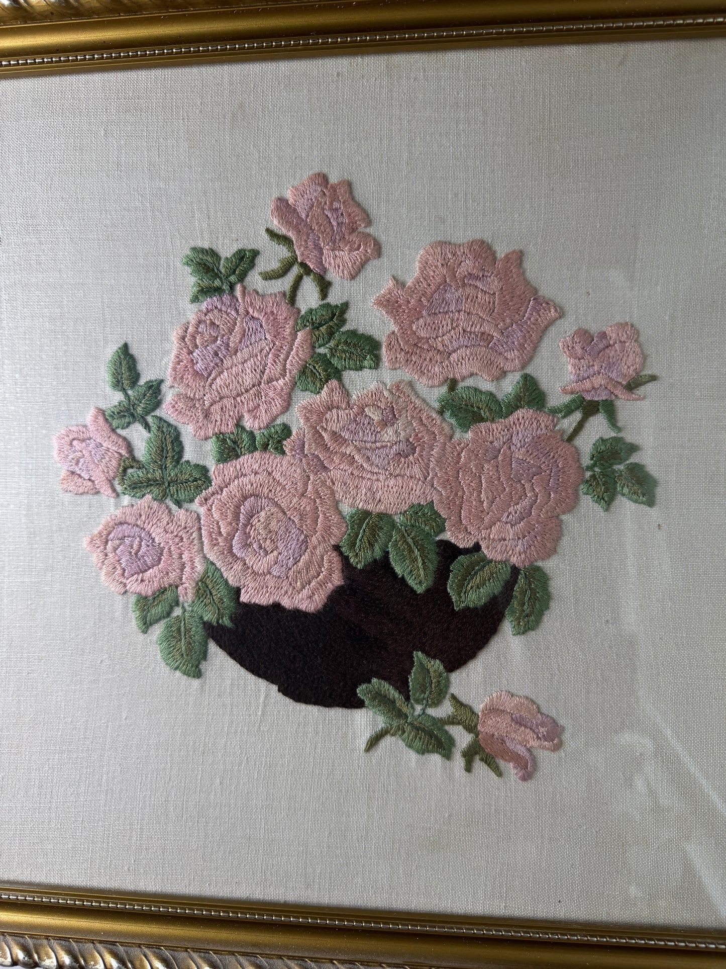 Blush & Bloom – Vintage Embroidered Pink Bouquet in Gilt Frame